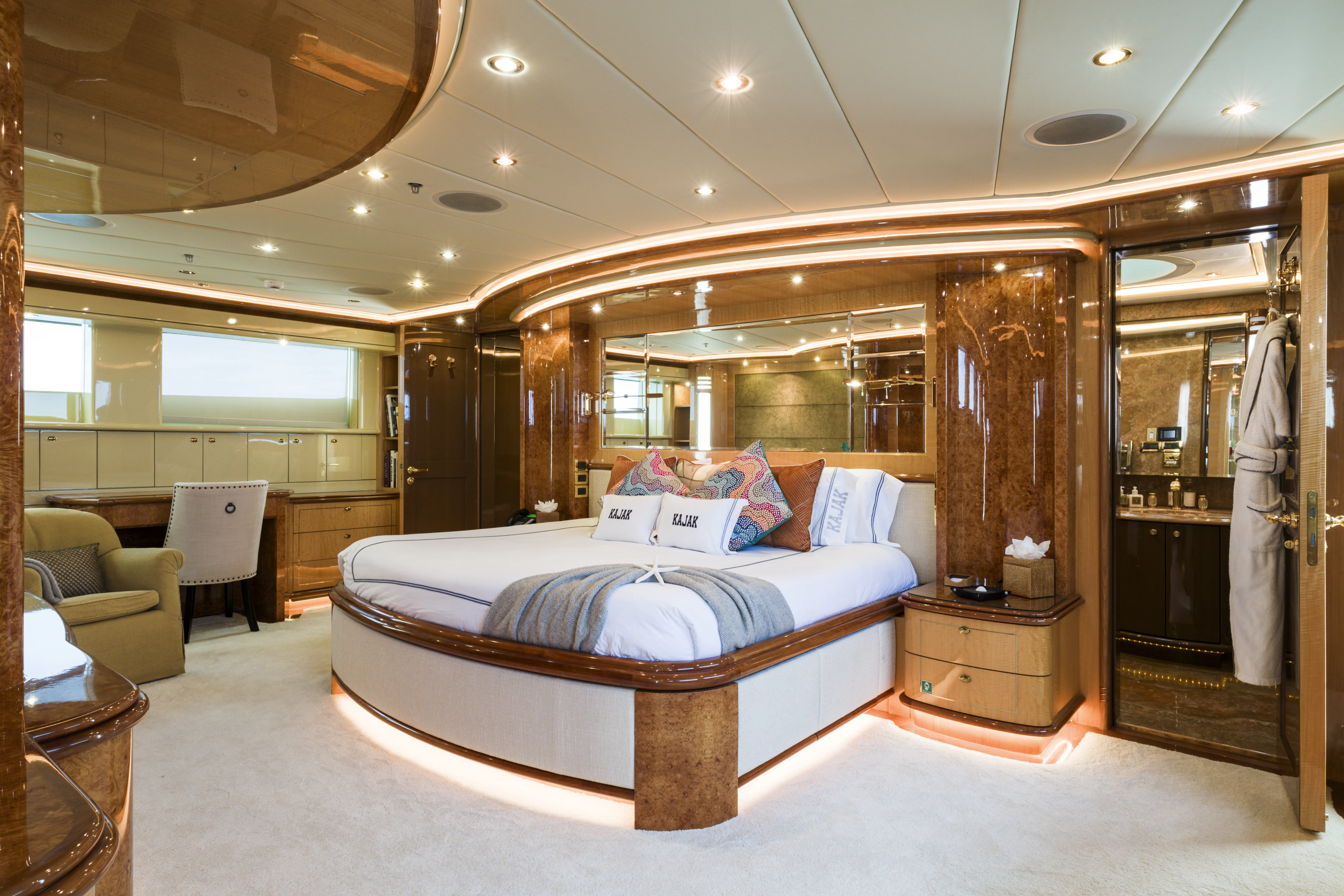 a large bed in a room aboard DUCHESS Yacht for Sale