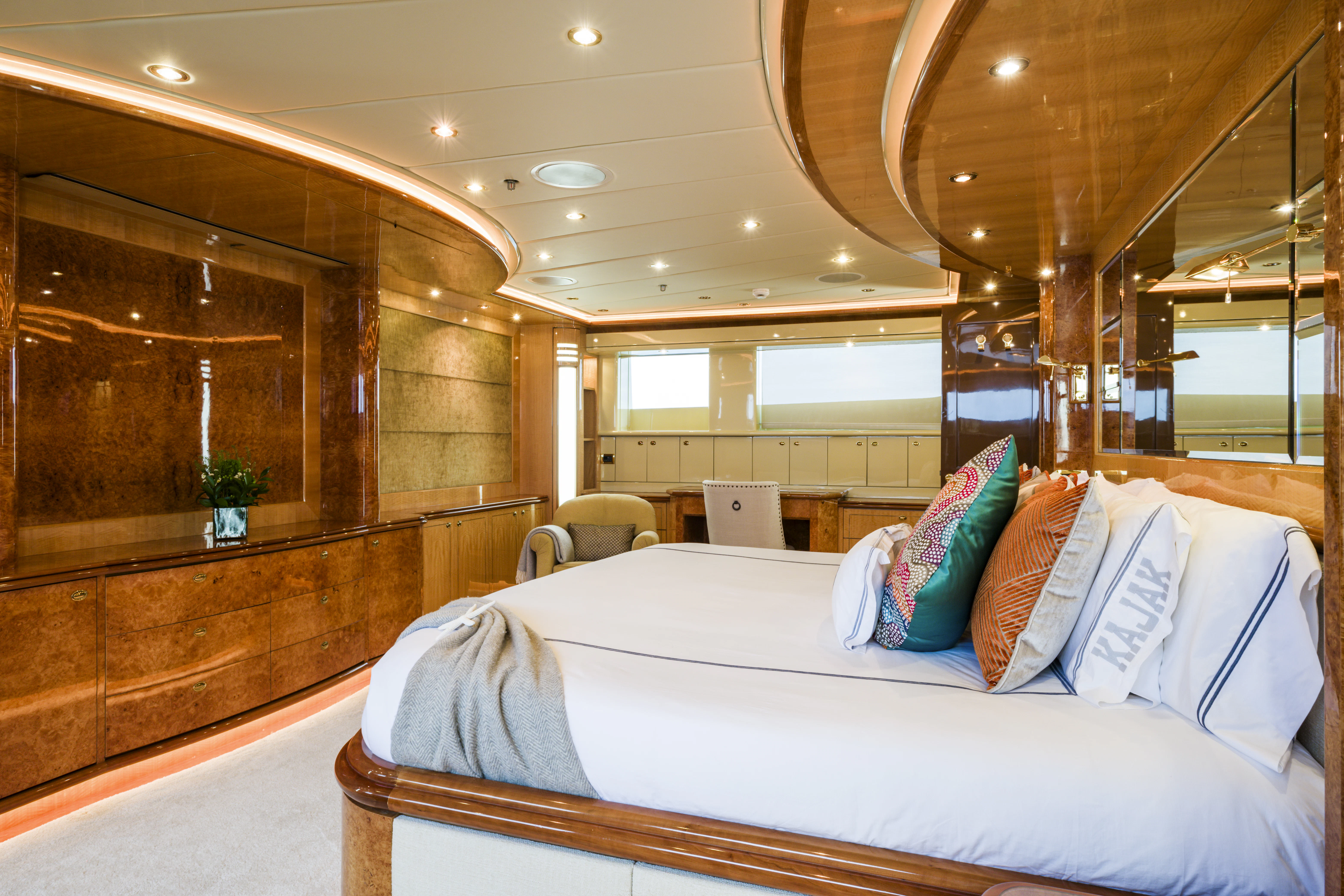a large bed in a room aboard DUCHESS Yacht for Sale