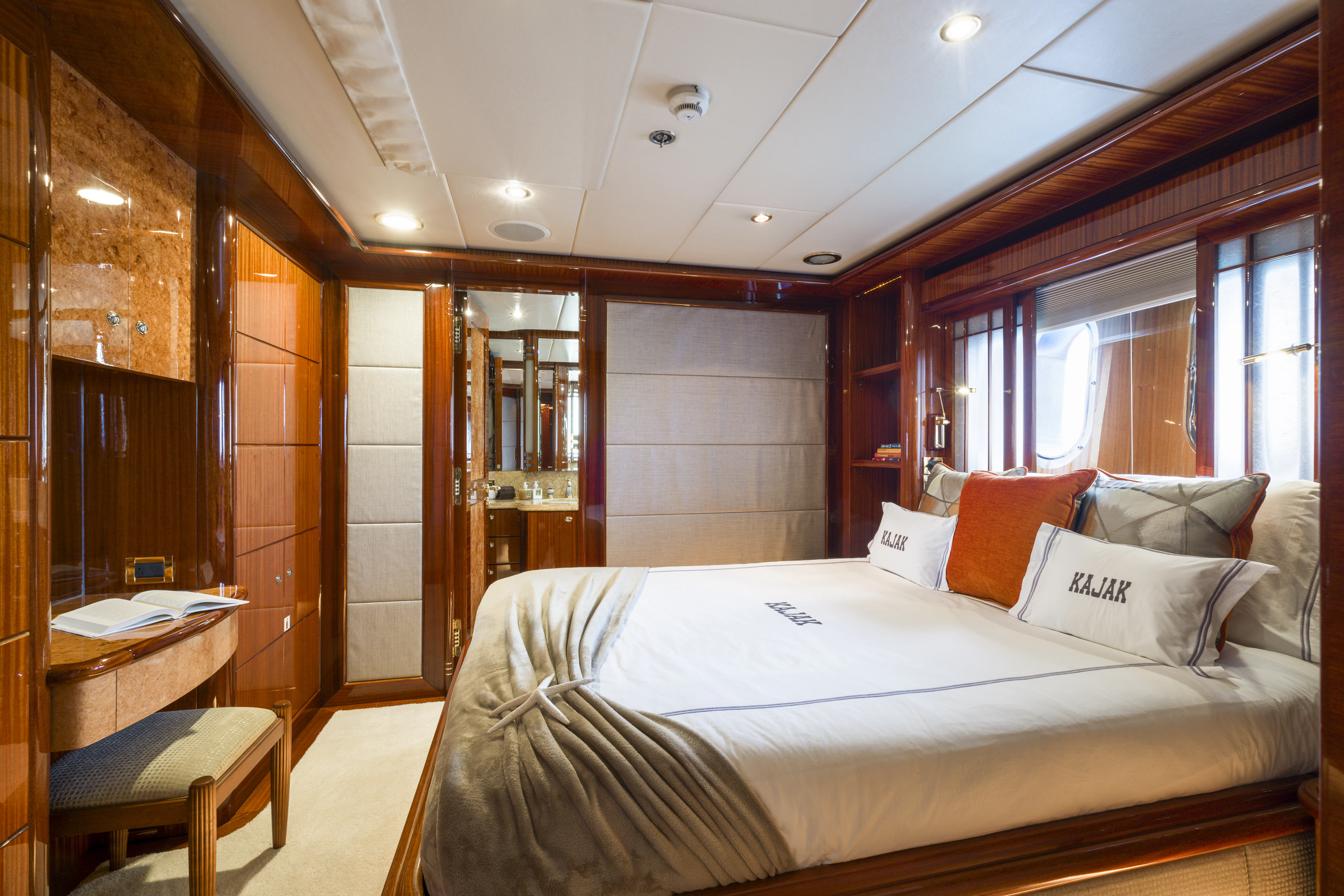 a bed in a room aboard DUCHESS Yacht for Sale