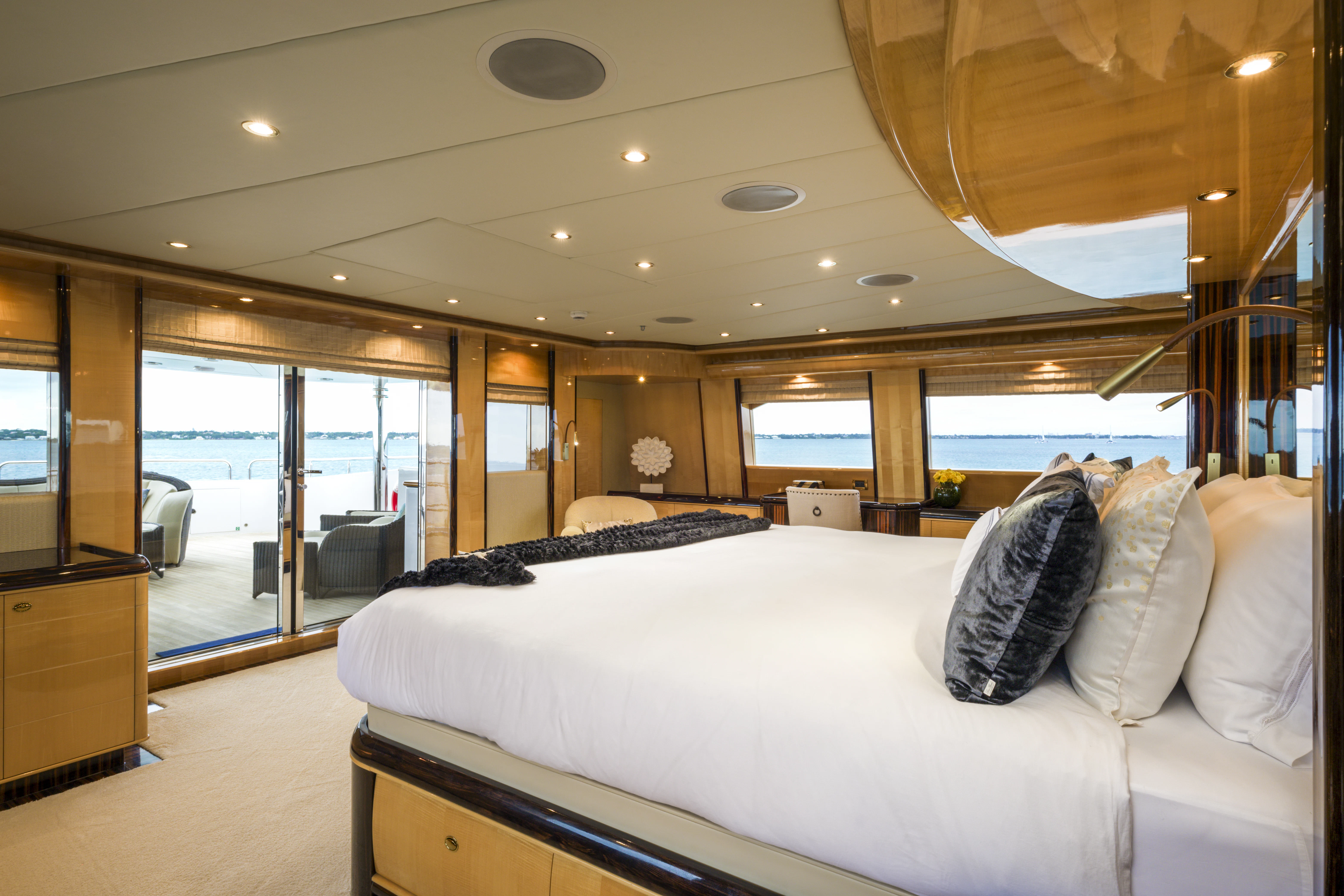 a large bed in a room aboard DUCHESS Yacht for Sale