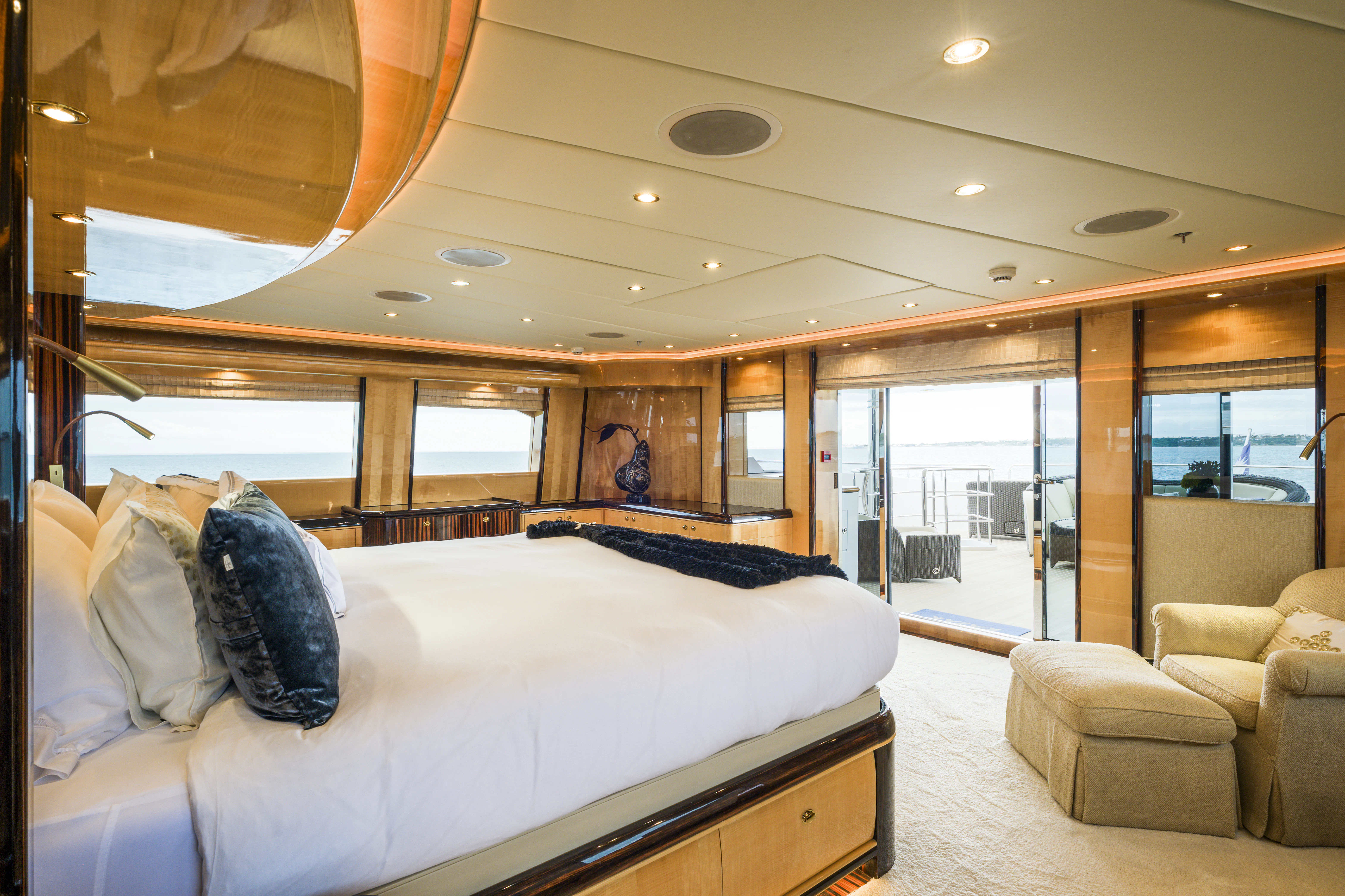 a large bed in a room aboard DUCHESS Yacht for Sale