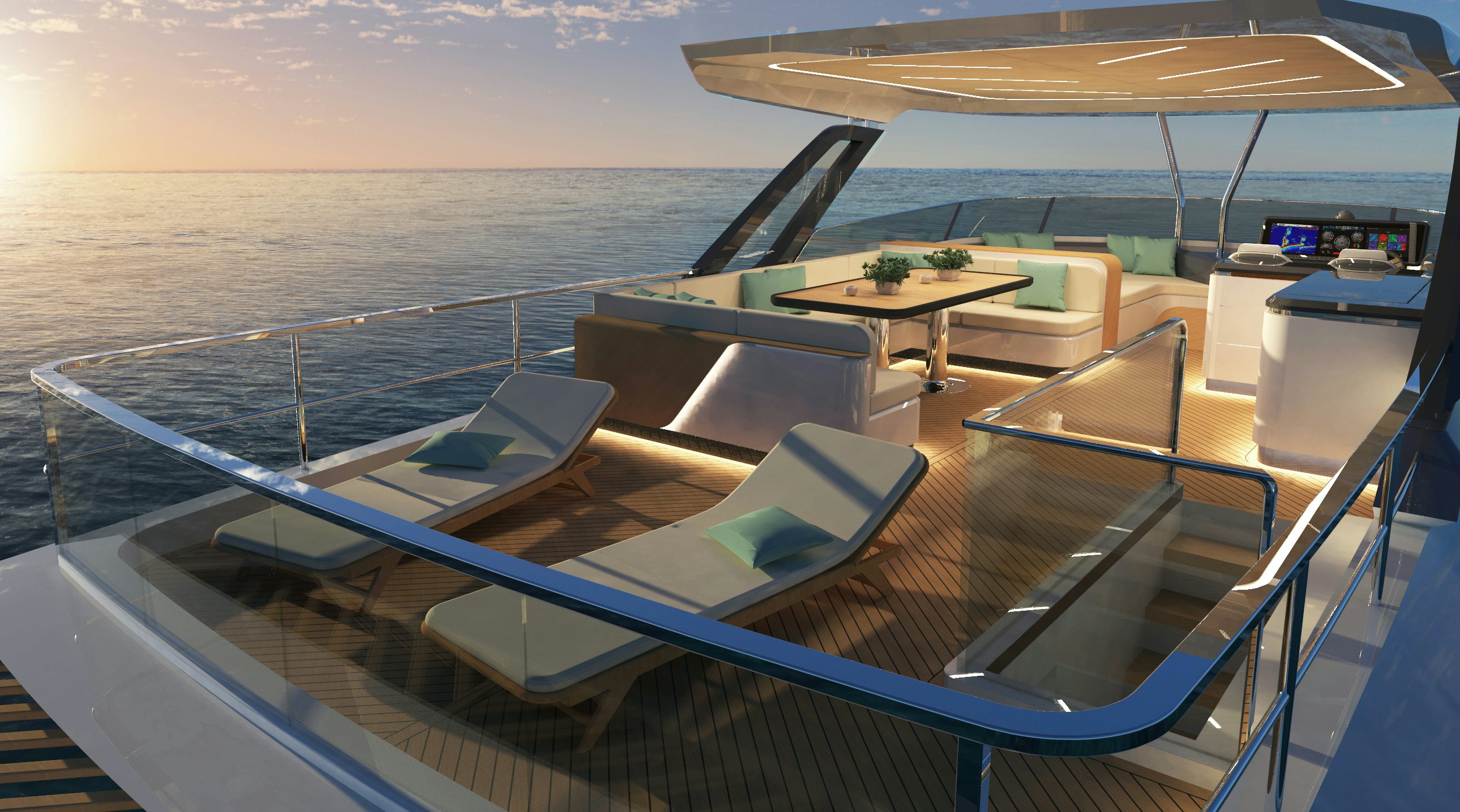 a deck with a table and chairs on it aboard SANCREA 70 Yacht for Sale