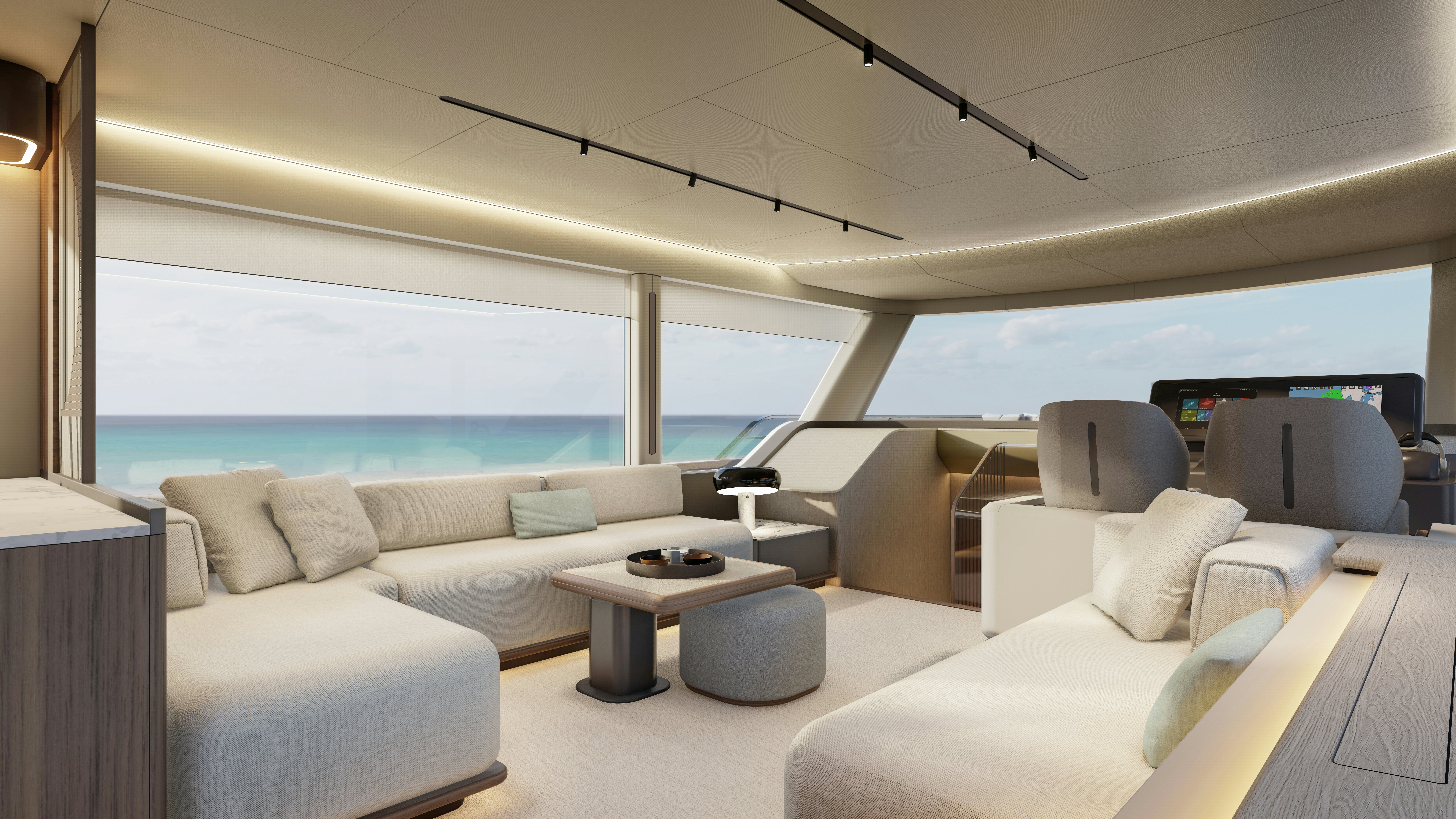 a room with couches and a table aboard SANCREA 70 Yacht for Sale