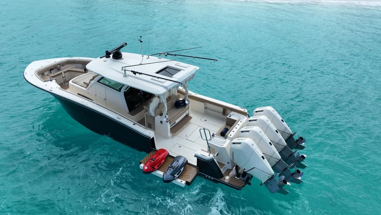 a boat in the water aboard SCOUT 400LXF Yacht for Sale