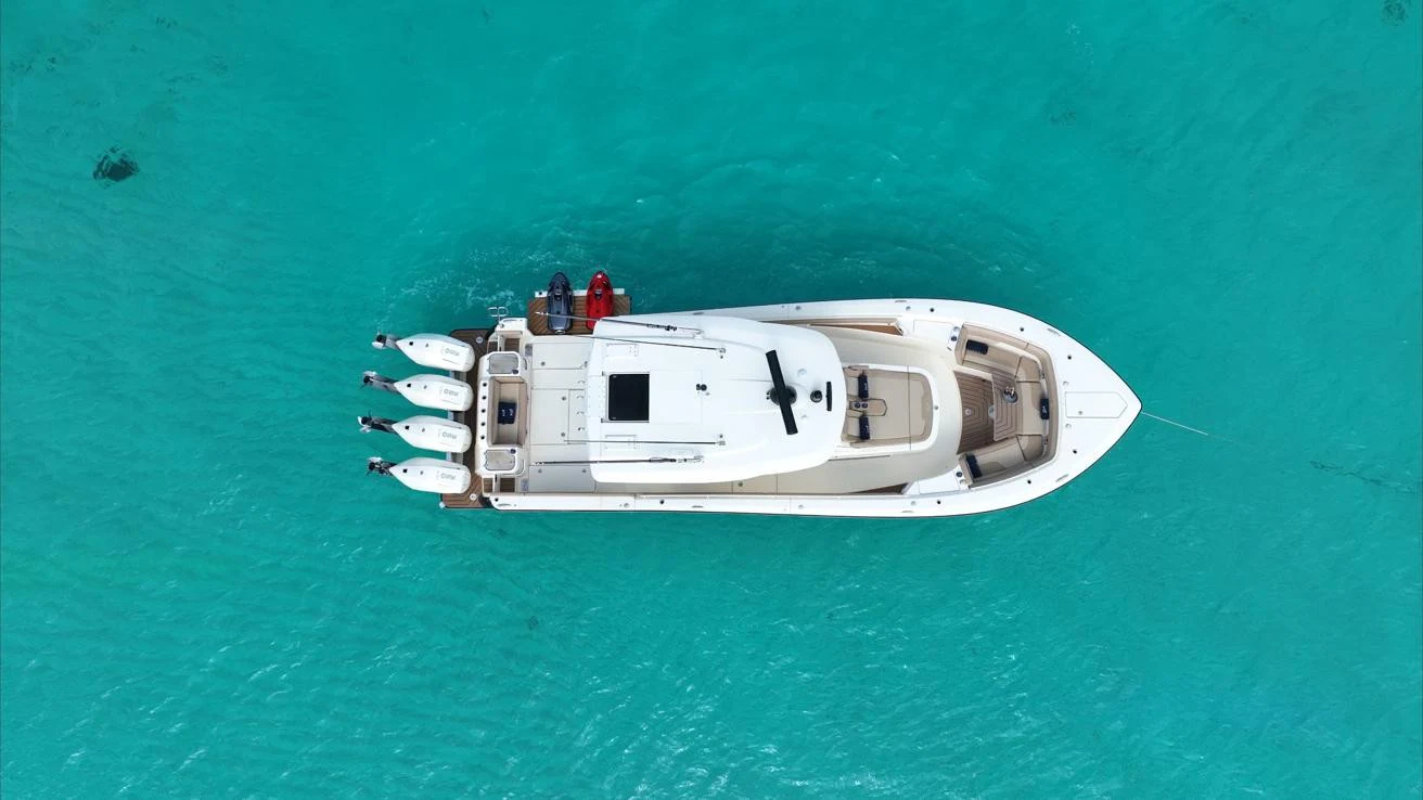 a high angle view of a boat aboard SCOUT 400LXF Yacht for Sale