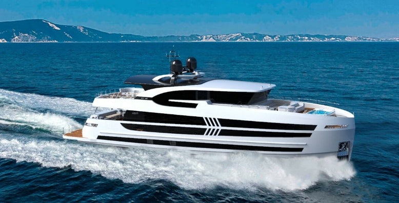 a white yacht on the water aboard LAZZARA UHV 100 Yacht for Sale
