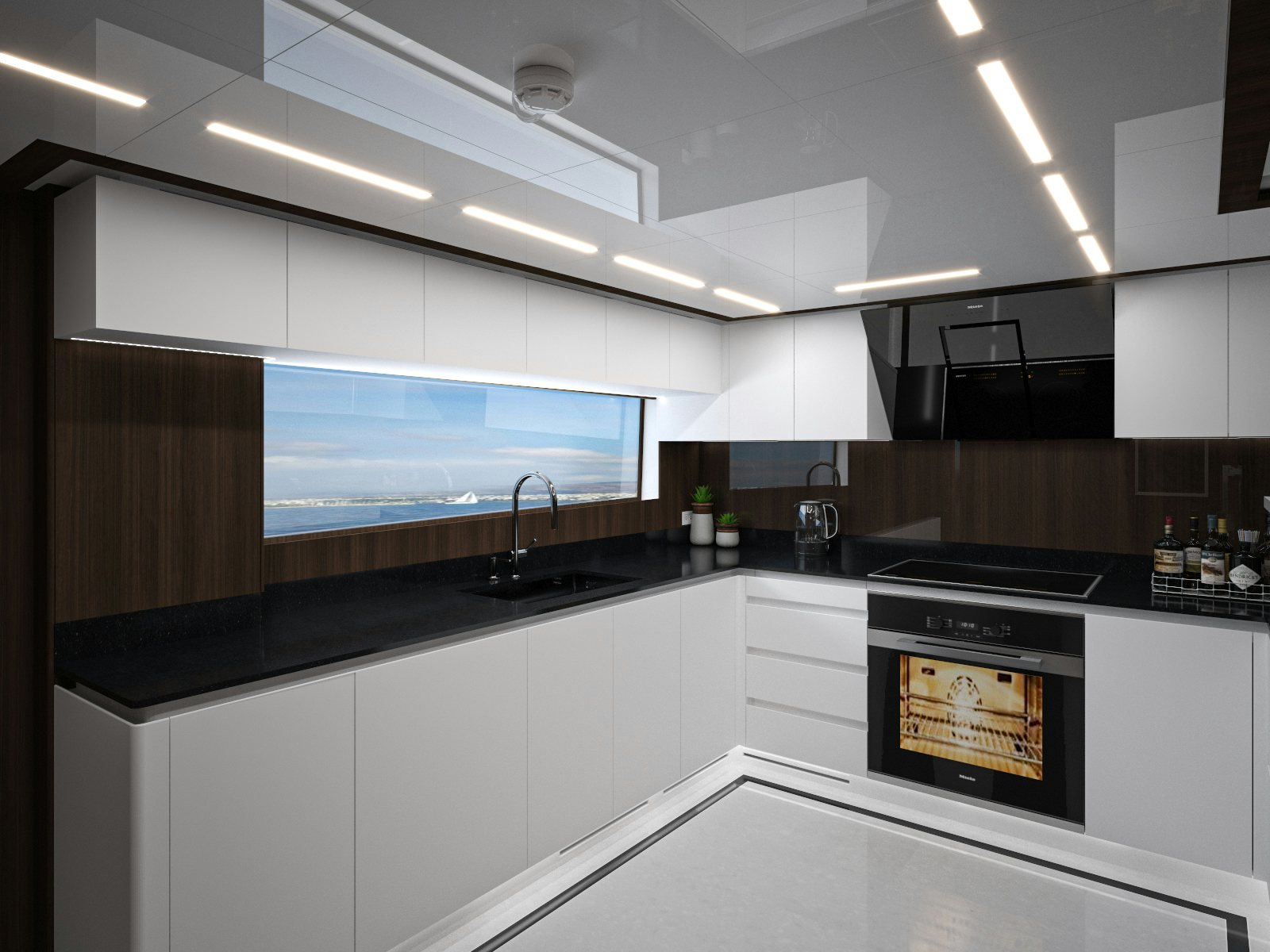 a kitchen with a stove and cabinets aboard LAZZARA UHV 100 Yacht for Sale