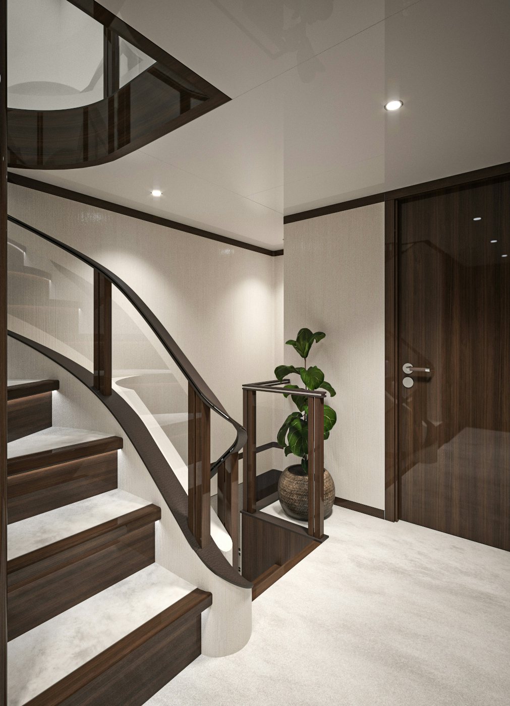a staircase with a plant in a room with a wood door aboard LAZZARA UHV 100 Yacht for Sale
