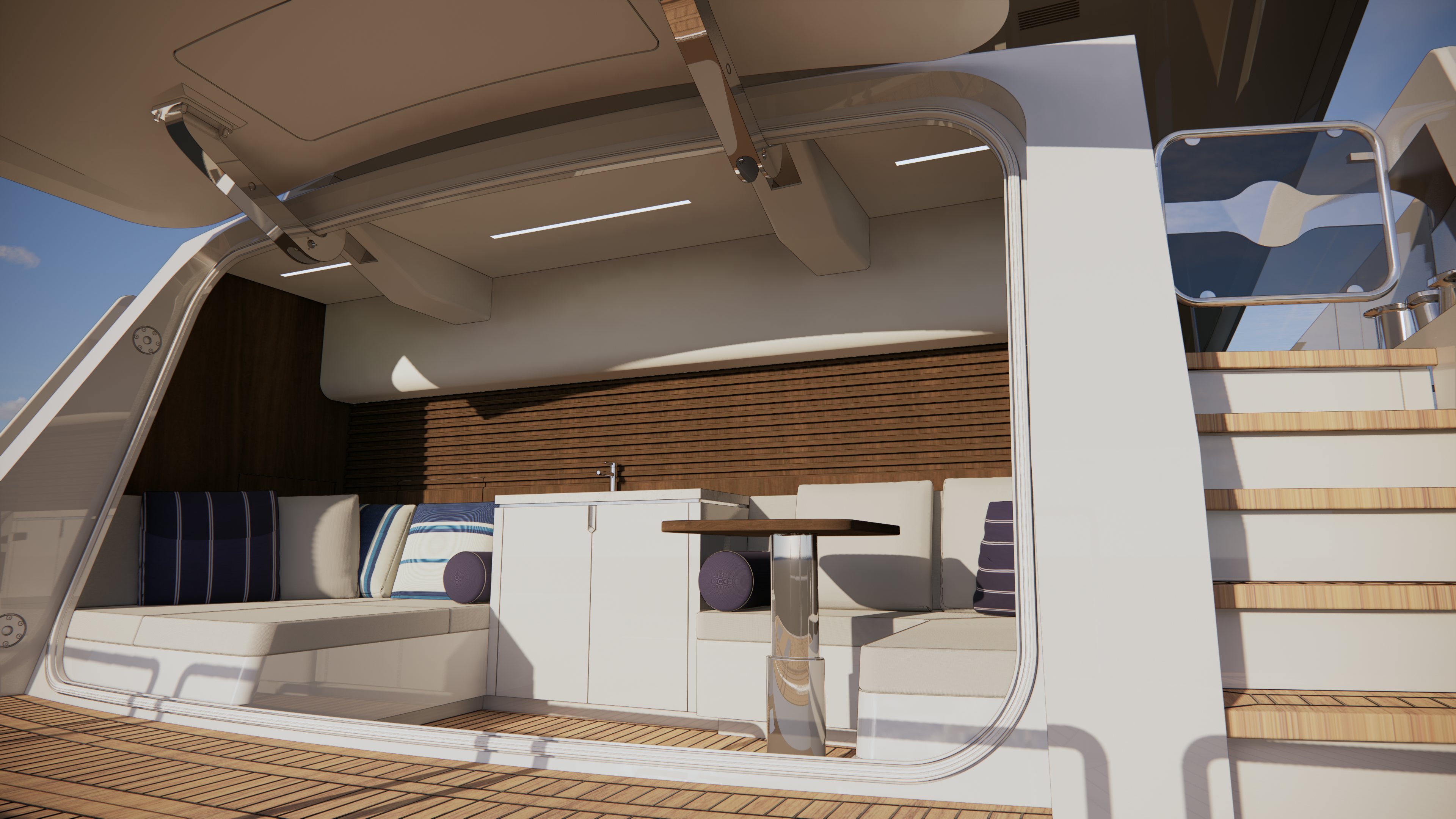 a room with a desk and chairs aboard LAZZARA UHV 100 Yacht for Sale