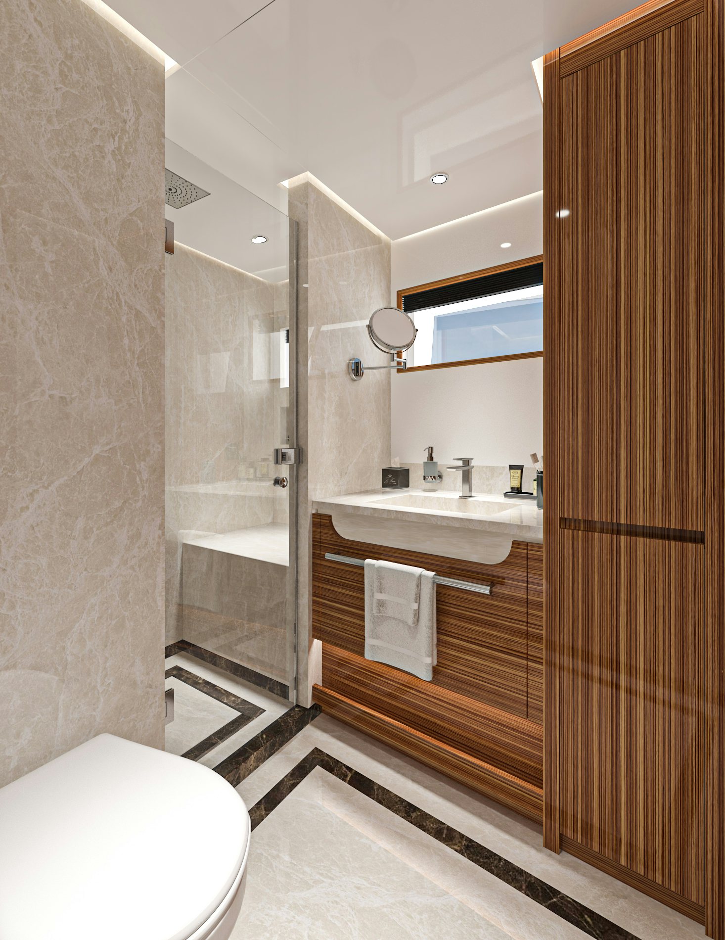 a bathroom with a shower and sink aboard LAZZARA UHV 100 Yacht for Sale