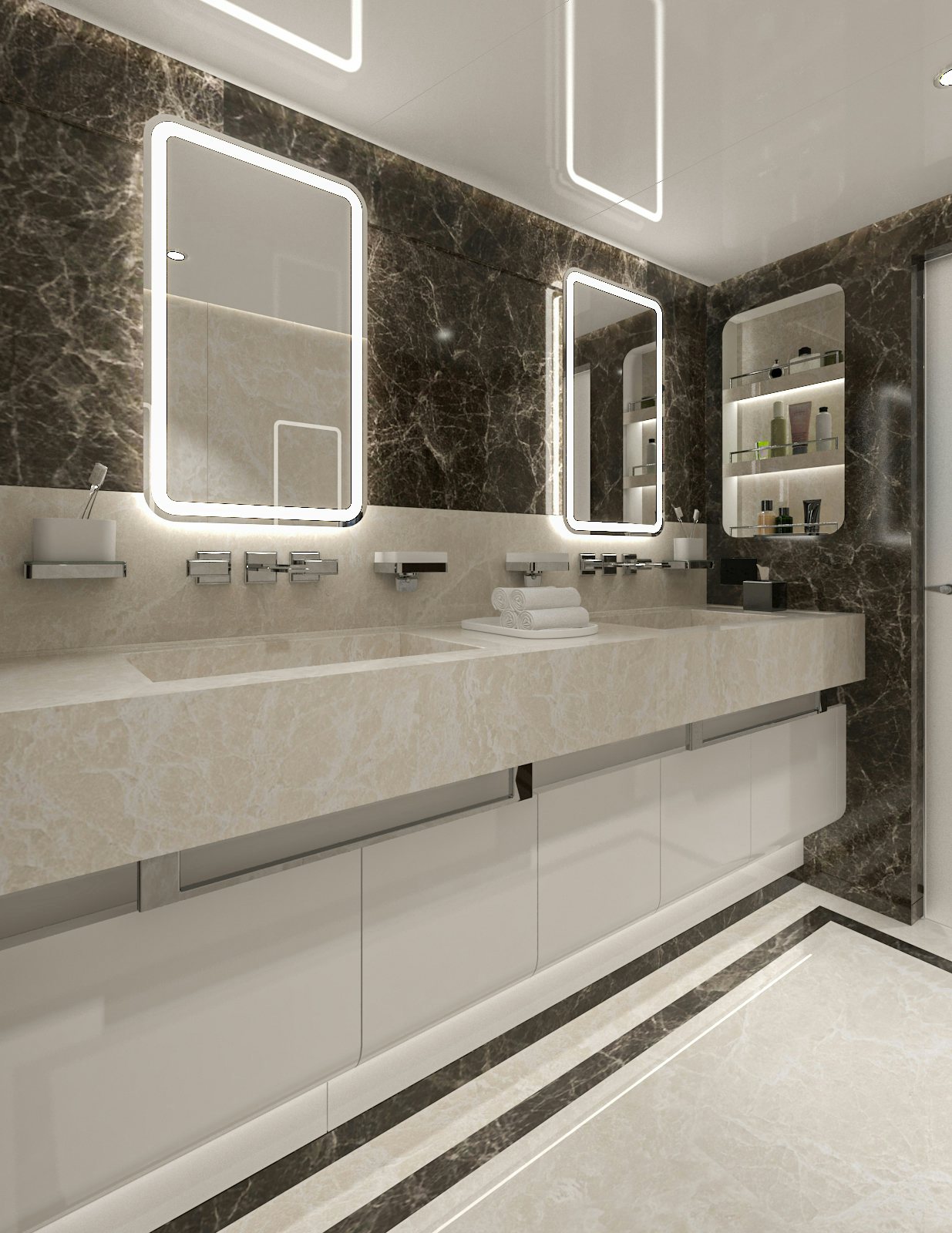 a bathroom with a large mirror aboard LAZZARA UHV 100 Yacht for Sale