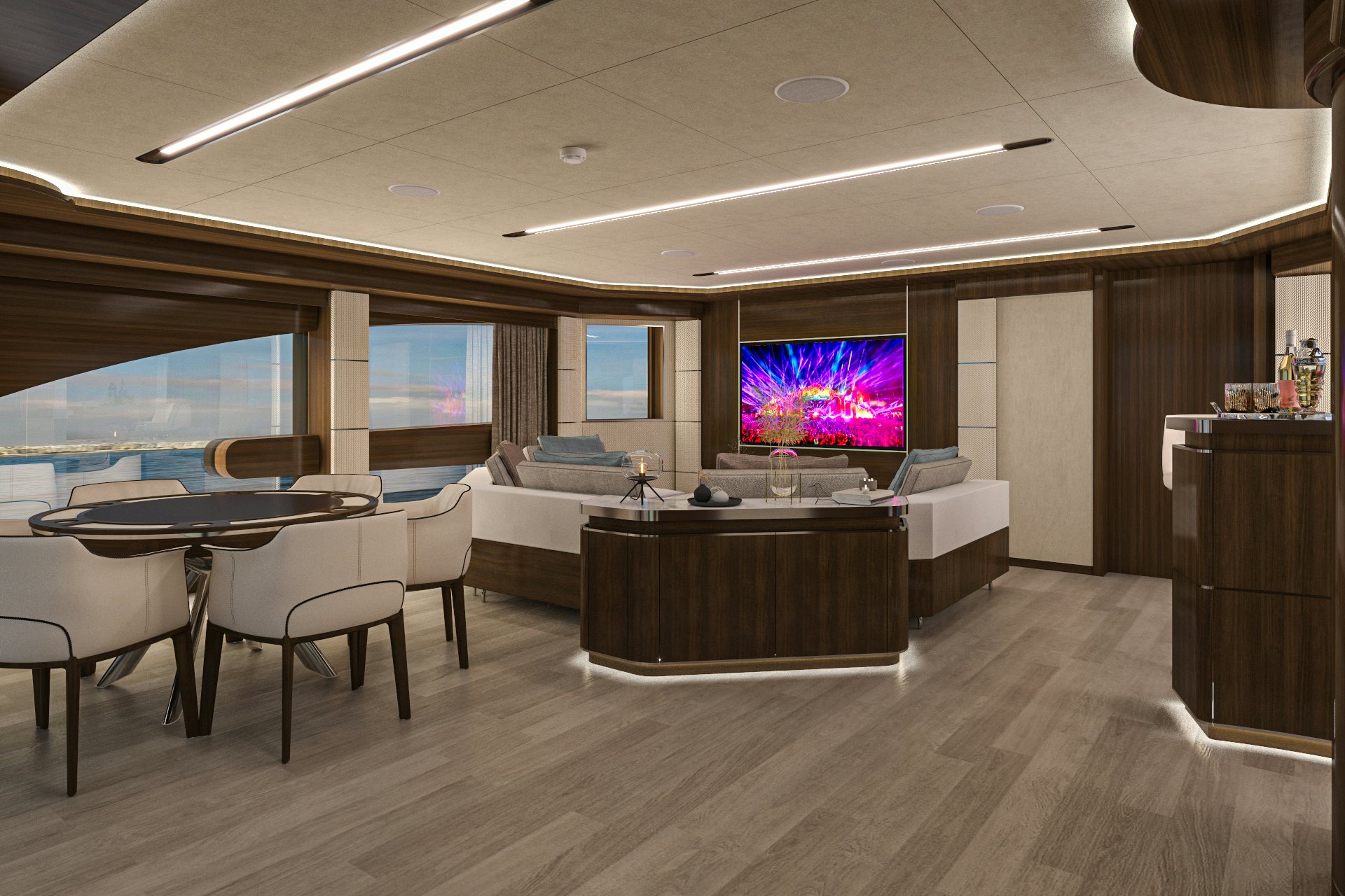 a room with a table and chairs aboard LAZZARA UHV 100 Yacht for Sale