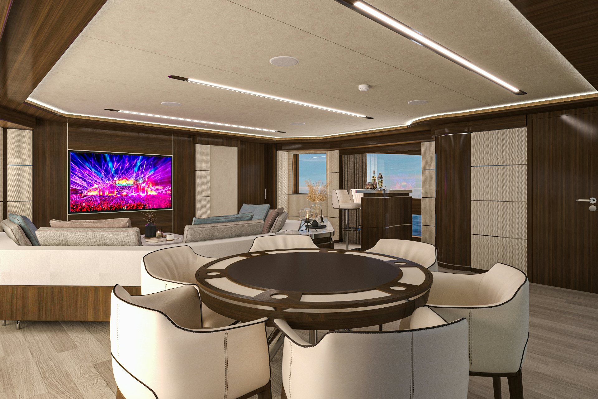 a living room with a large screen aboard LAZZARA UHV 100 Yacht for Sale