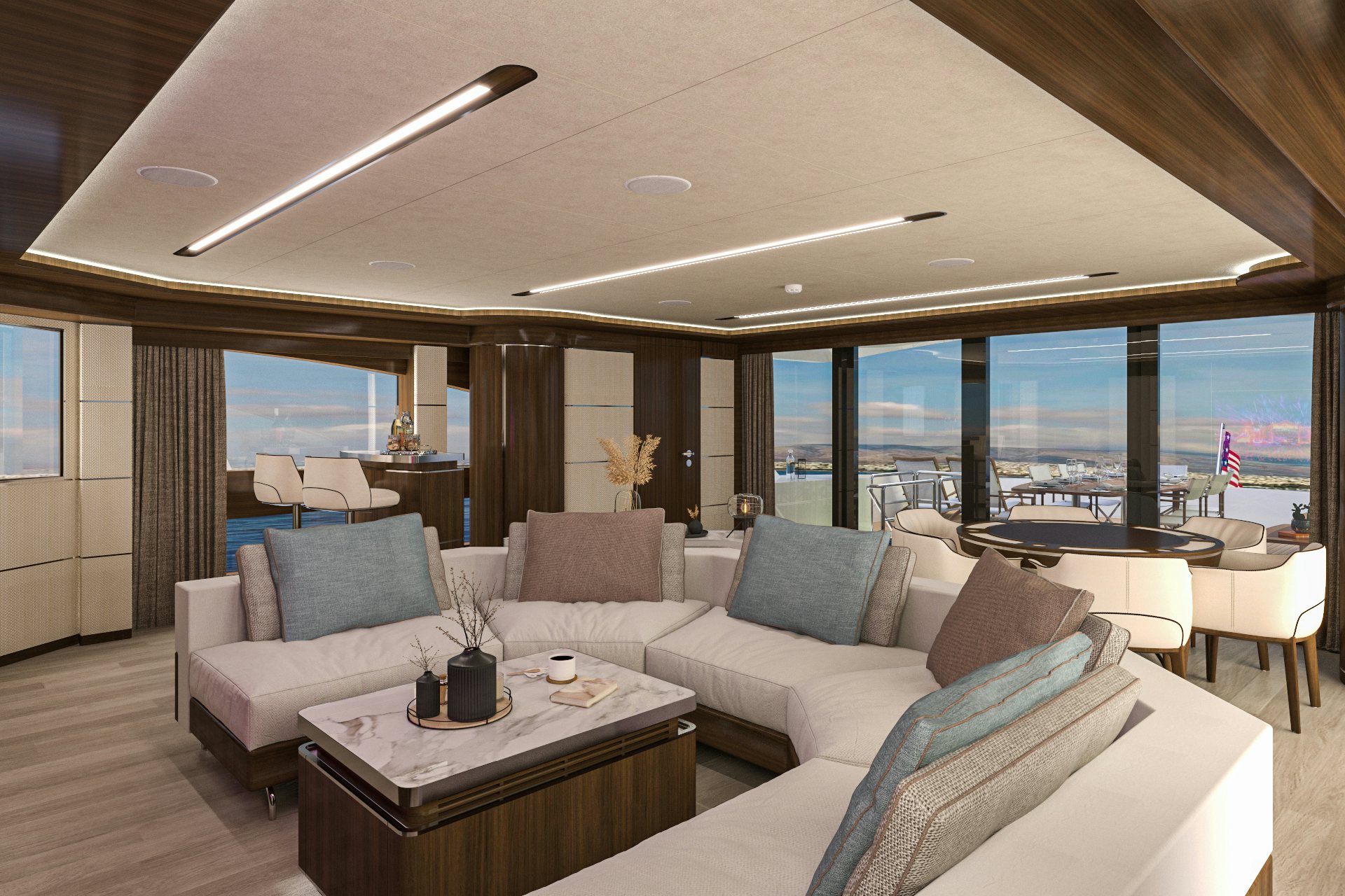 a living room with a large window aboard LAZZARA UHV 100 Yacht for Sale