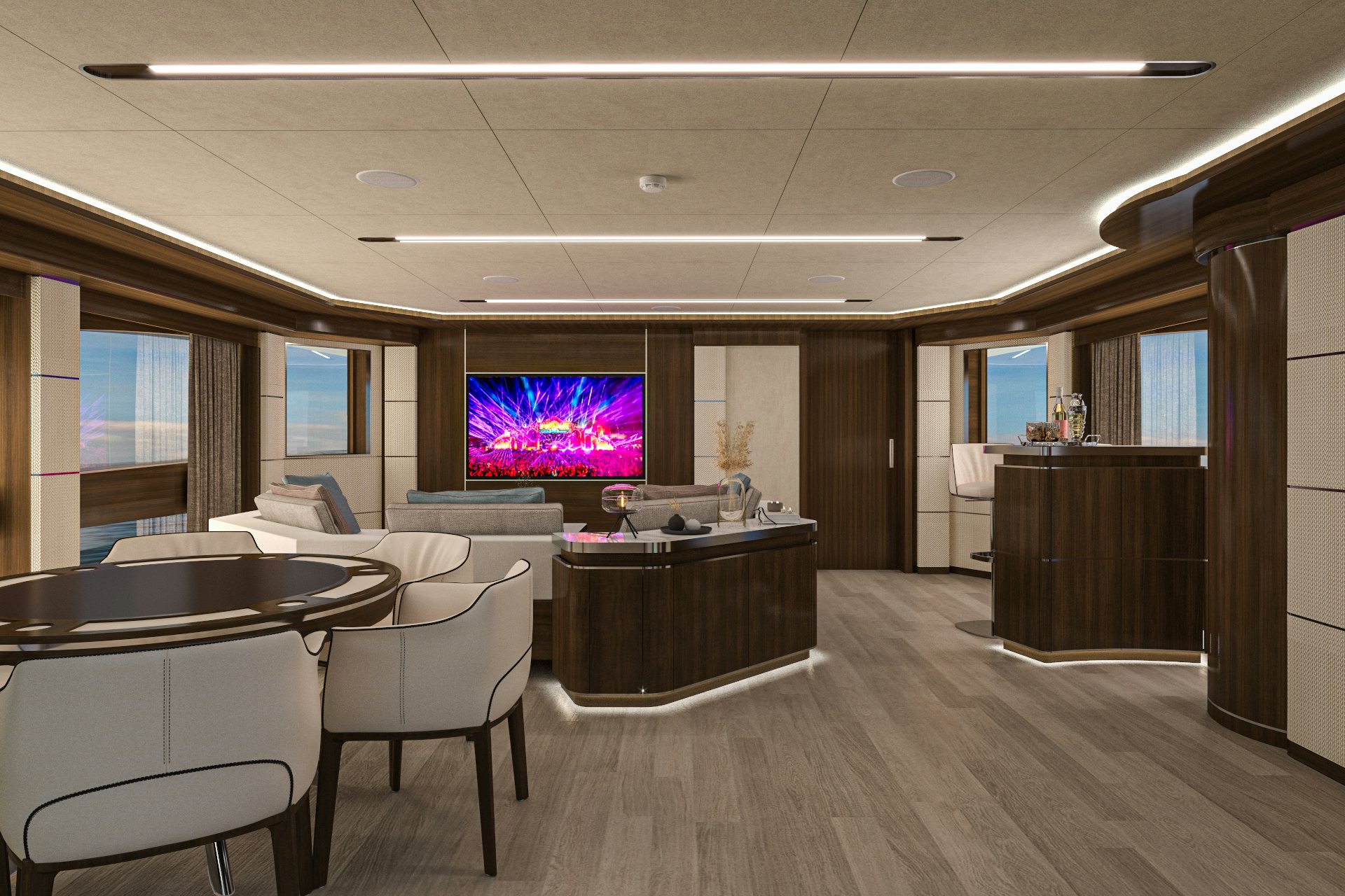 a large room with a table and chairs aboard LAZZARA UHV 100 Yacht for Sale