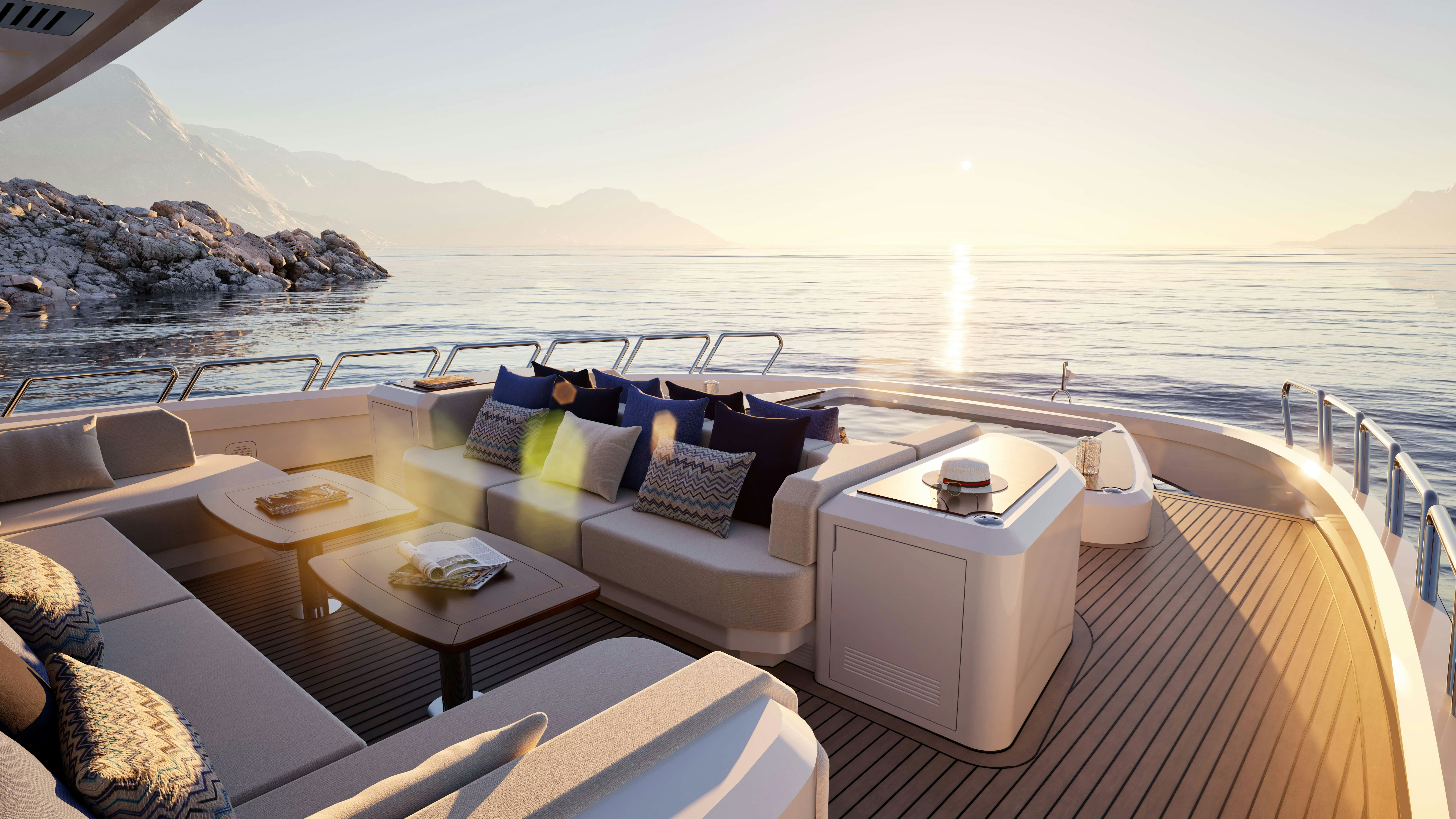 a deck with a view of the ocean and the ocean aboard LAZZARA UHV 100 Yacht for Sale