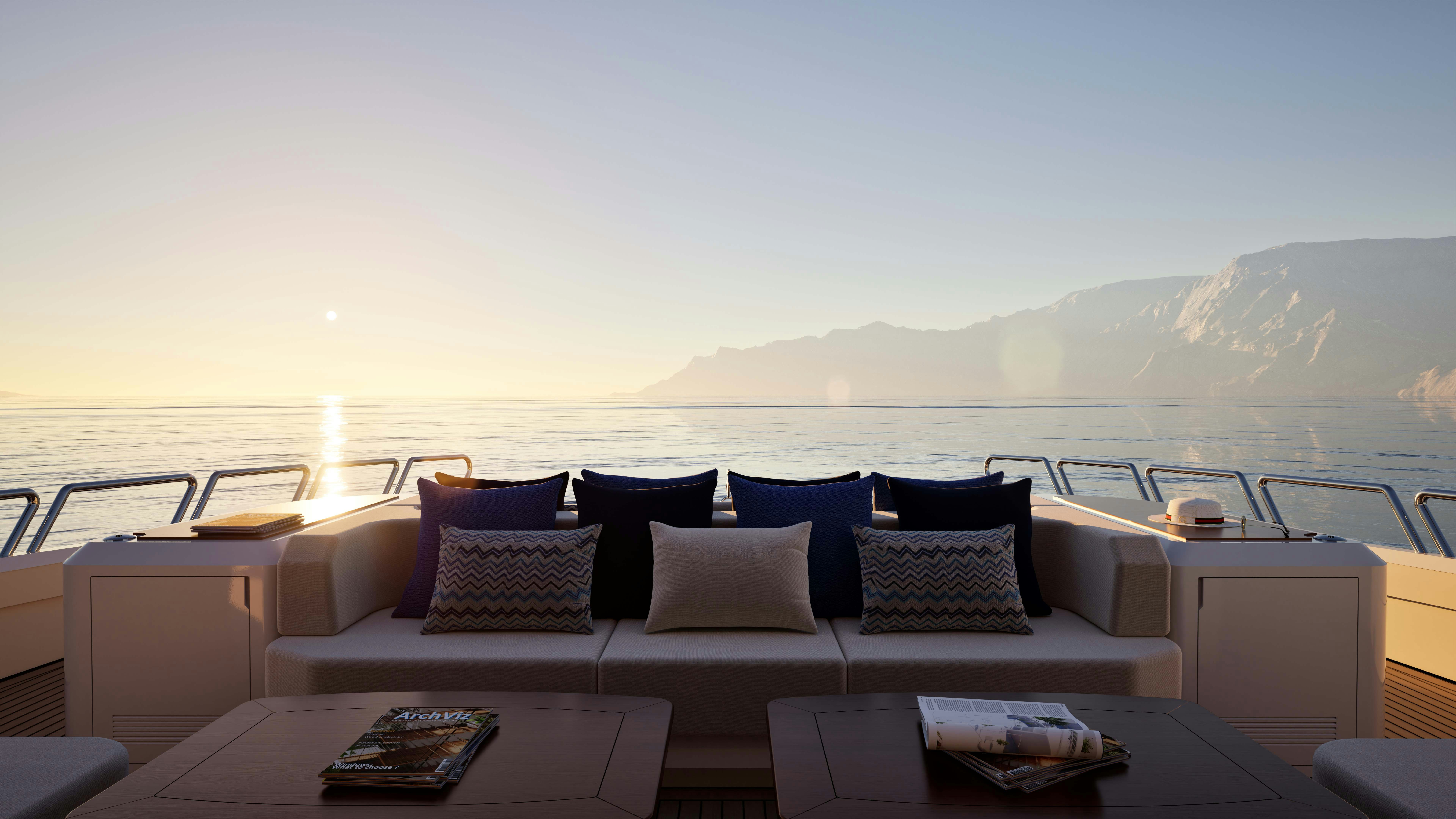 a white couch on a boat aboard LAZZARA UHV 100 Yacht for Sale