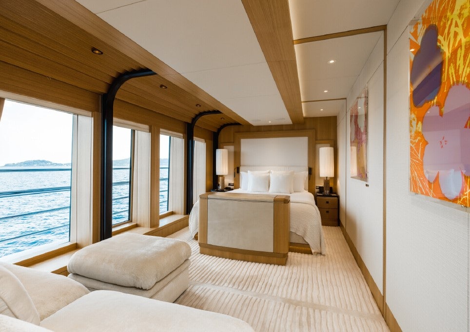 a bedroom with a large bed aboard VENTUM MARIS Yacht for Sale