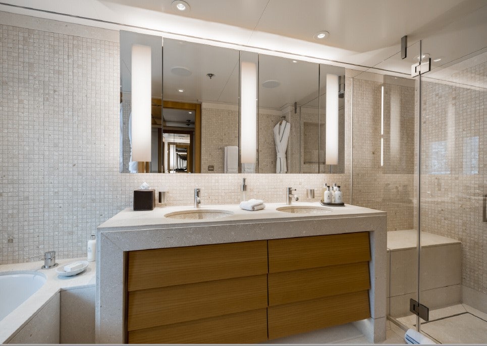 a bathroom with a large mirror aboard VENTUM MARIS Yacht for Sale