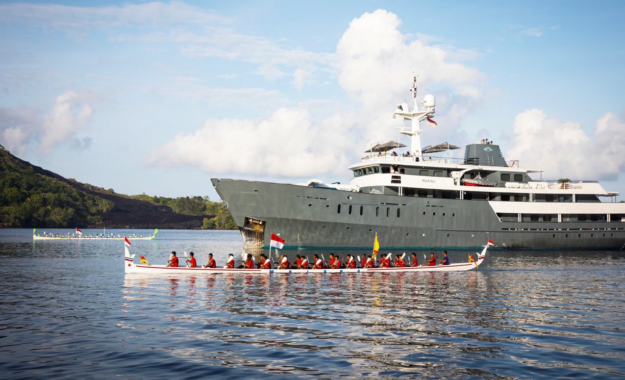 a large boat in the water aboard AQUA BLU Yacht for Charter