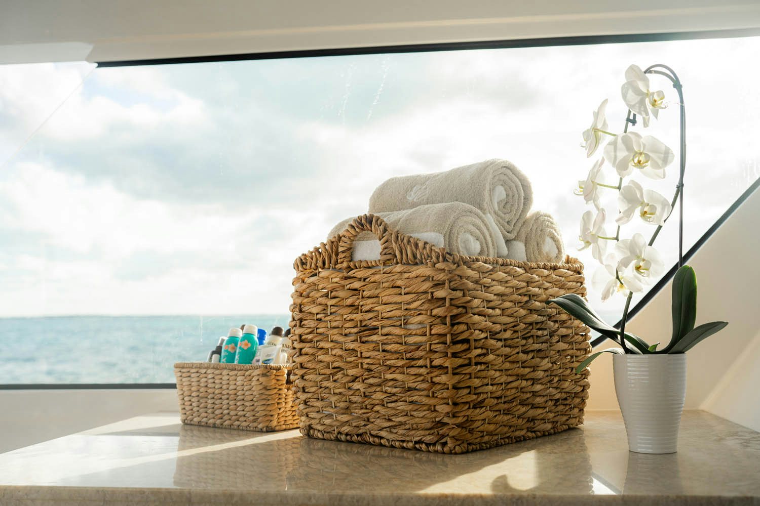 a basket with flowers in it aboard NICOLE EVELYN Yacht for Charter
