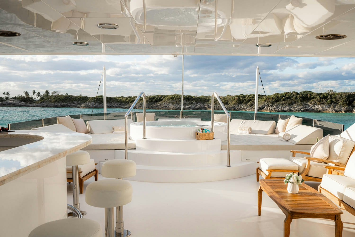 a room with tables and chairs aboard NICOLE EVELYN Yacht for Charter