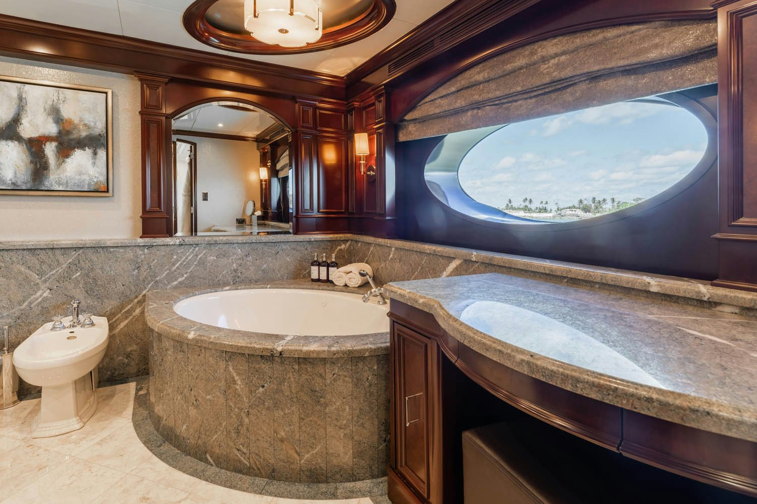 a bathroom with a large jacuzzi tub aboard NICOLE EVELYN Yacht for Charter