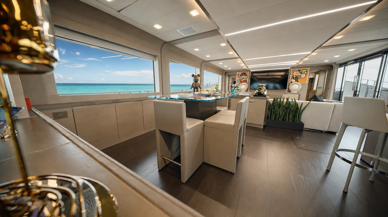 a room with a table chairs and a large window aboard CIELO NERO Yacht for Charter