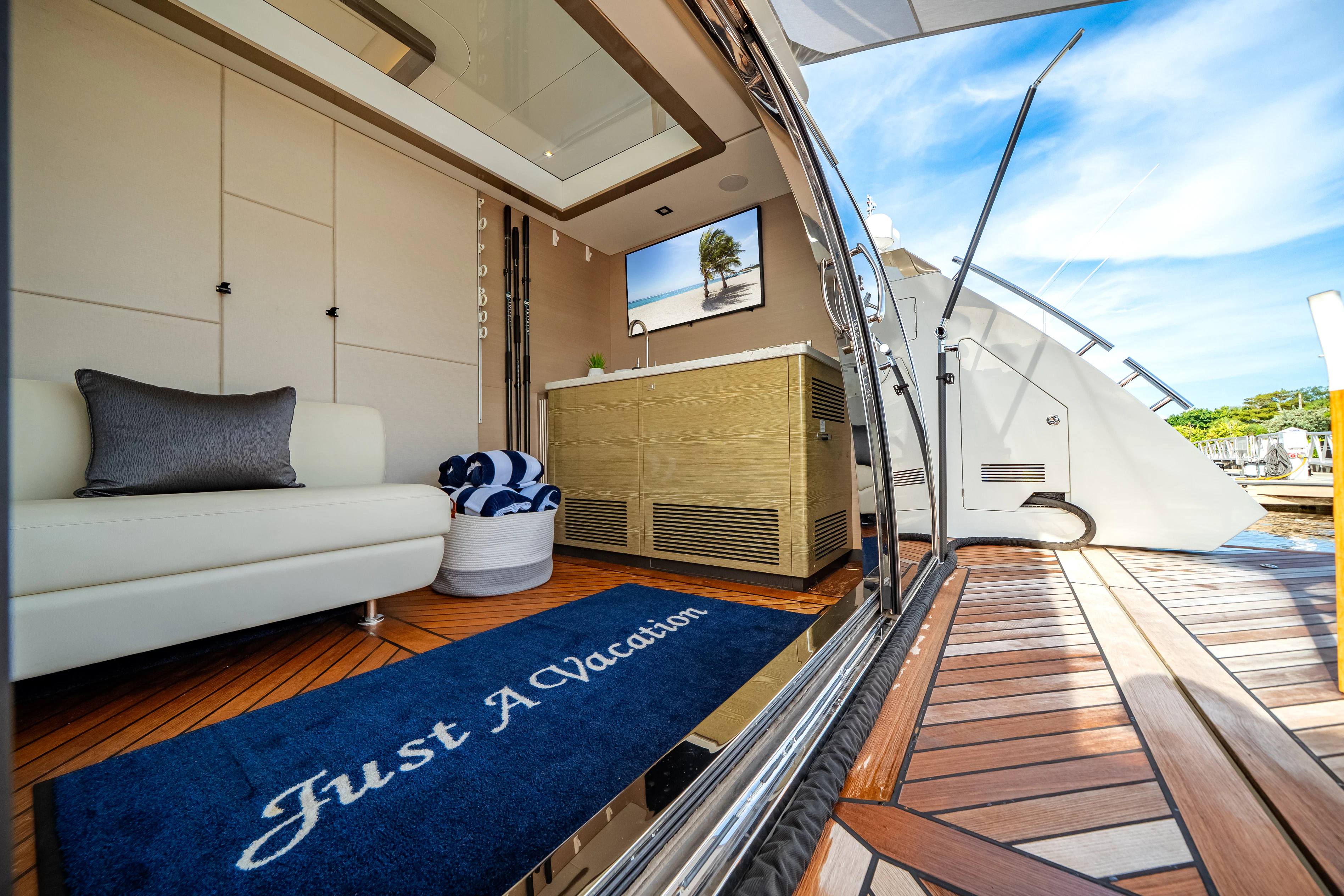 a boat on a deck aboard JUST A VACATION Yacht for Sale