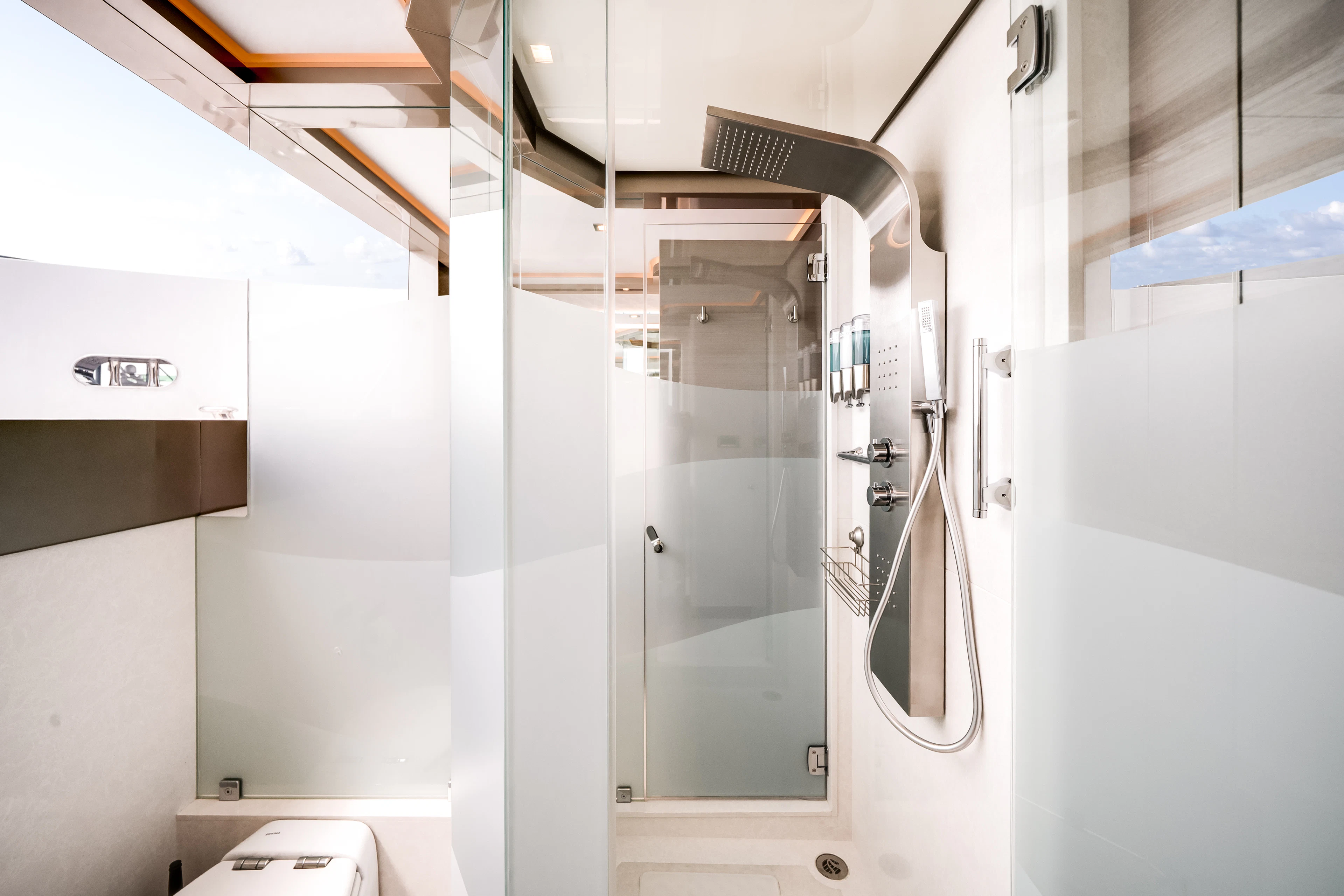 a shower unit in a bathroom aboard JUST A VACATION Yacht for Sale