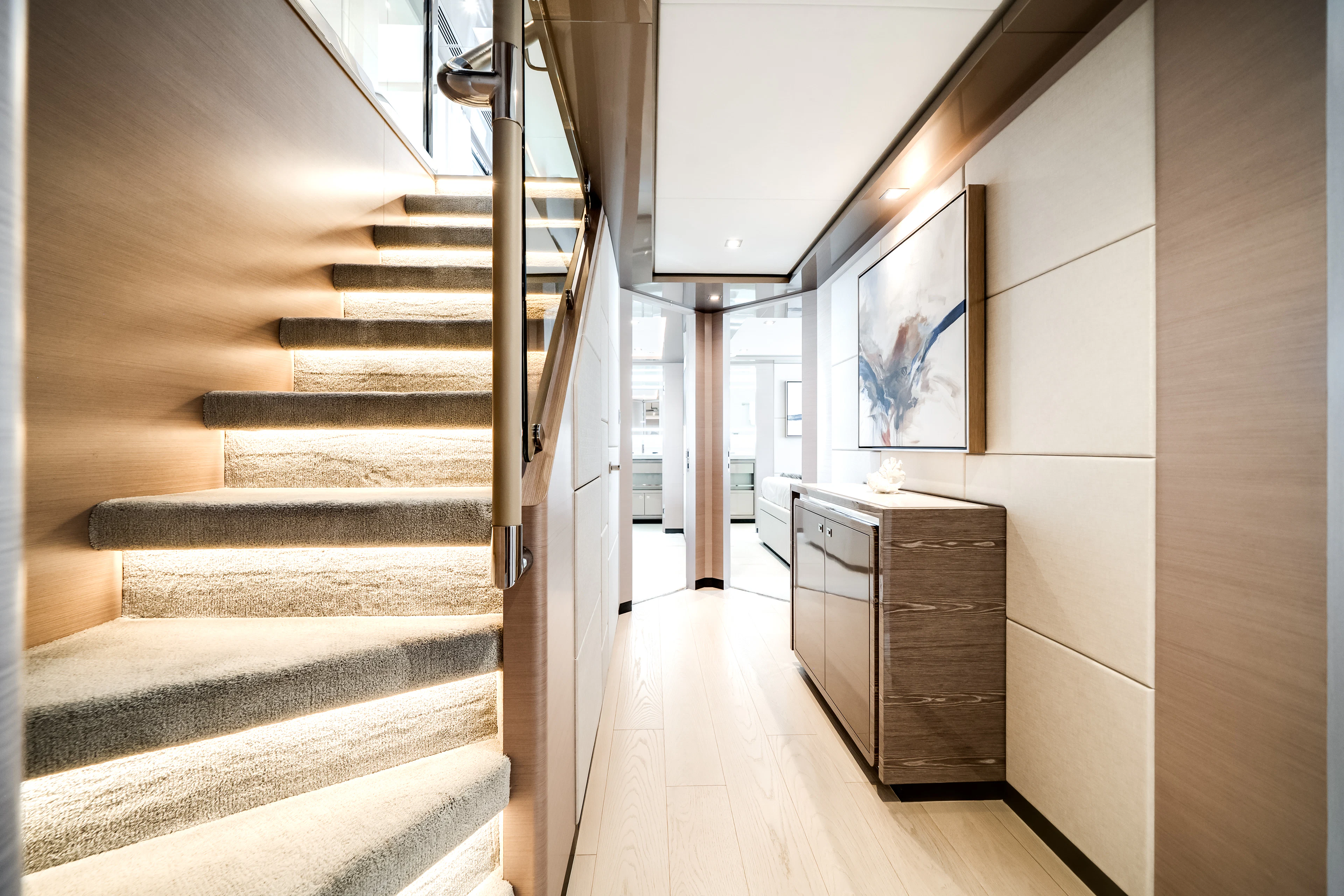 a long hallway with a staircase aboard JUST A VACATION Yacht for Sale
