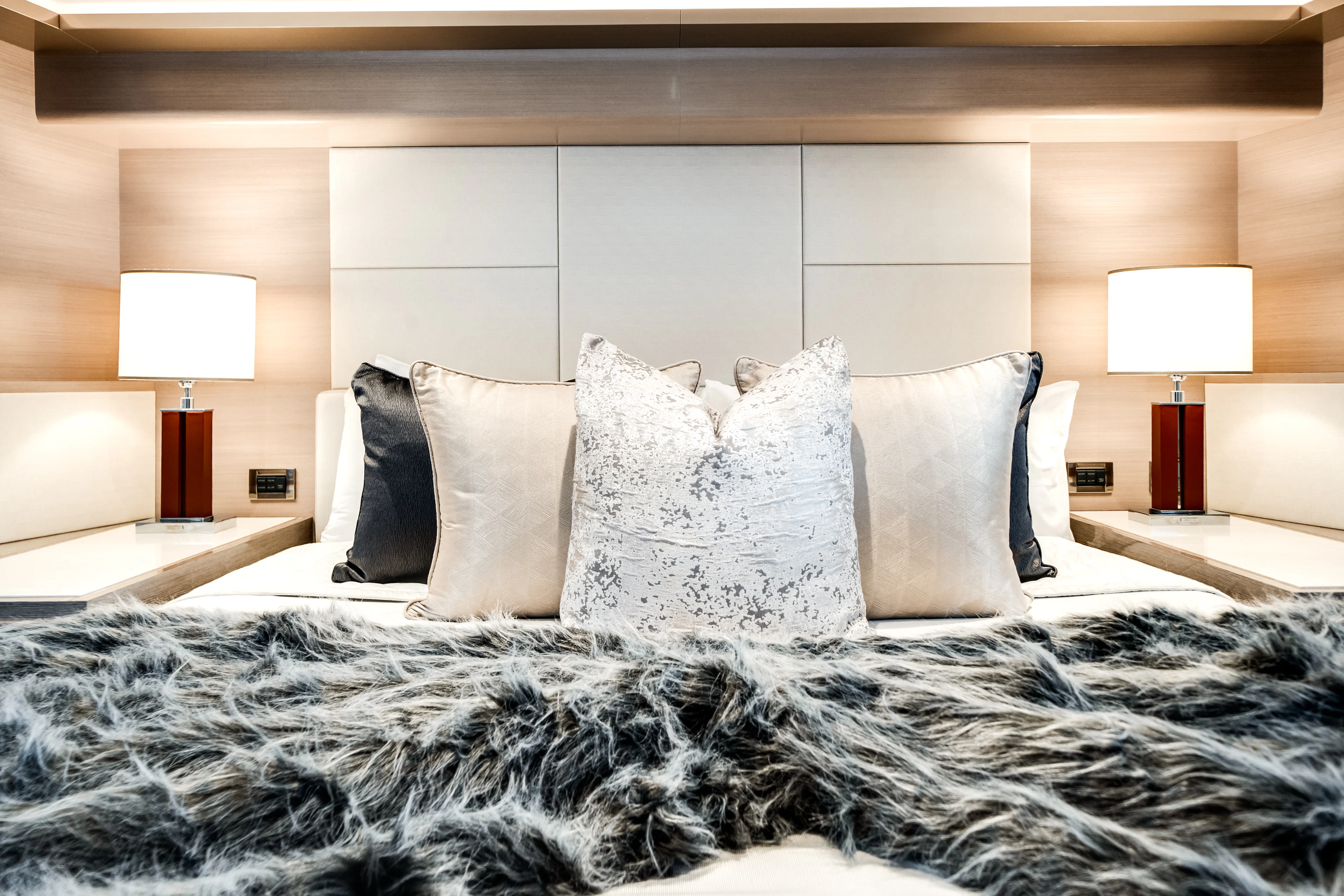pillows on a bed aboard JUST A VACATION Yacht for Sale