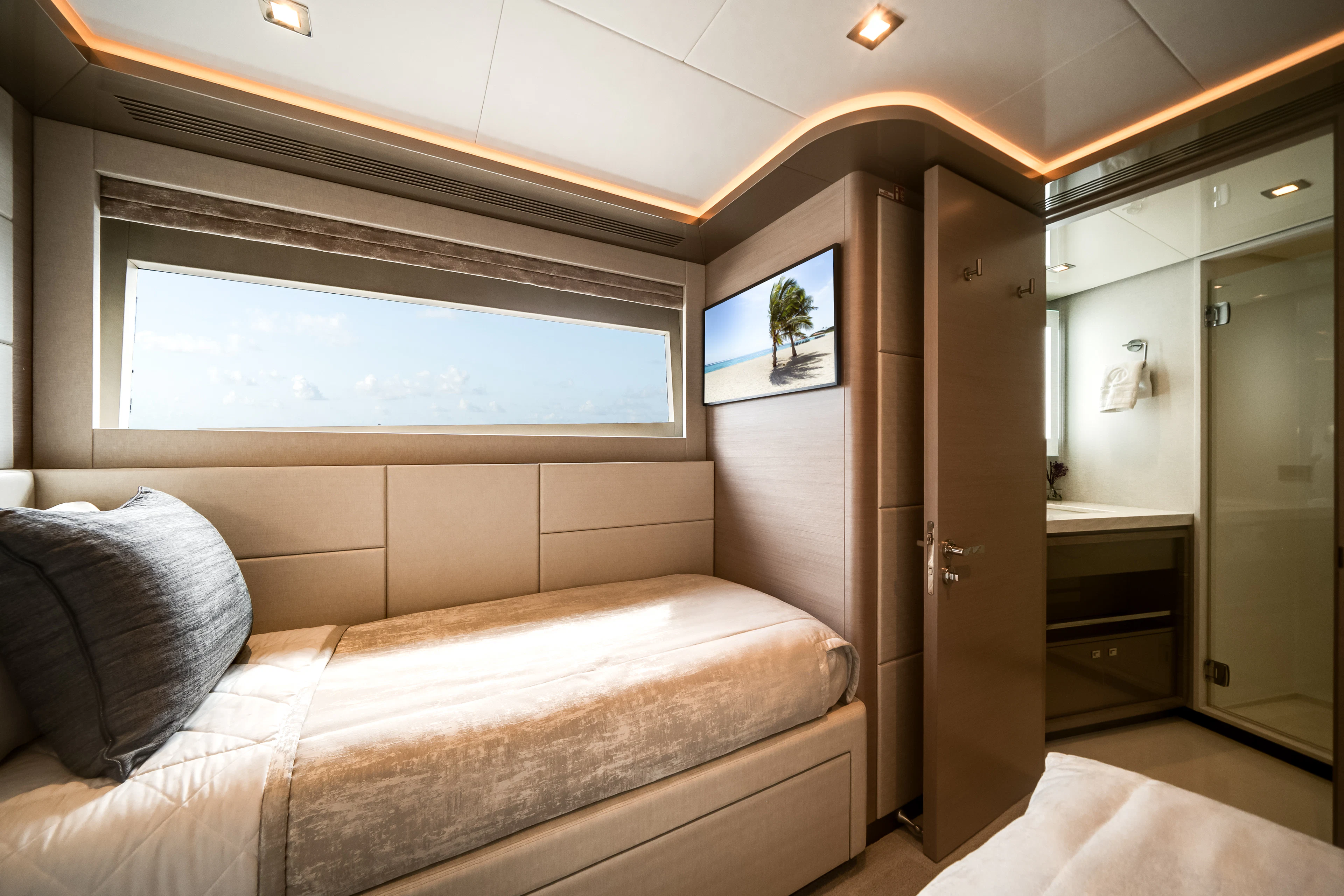 a bed in a room aboard JUST A VACATION Yacht for Sale