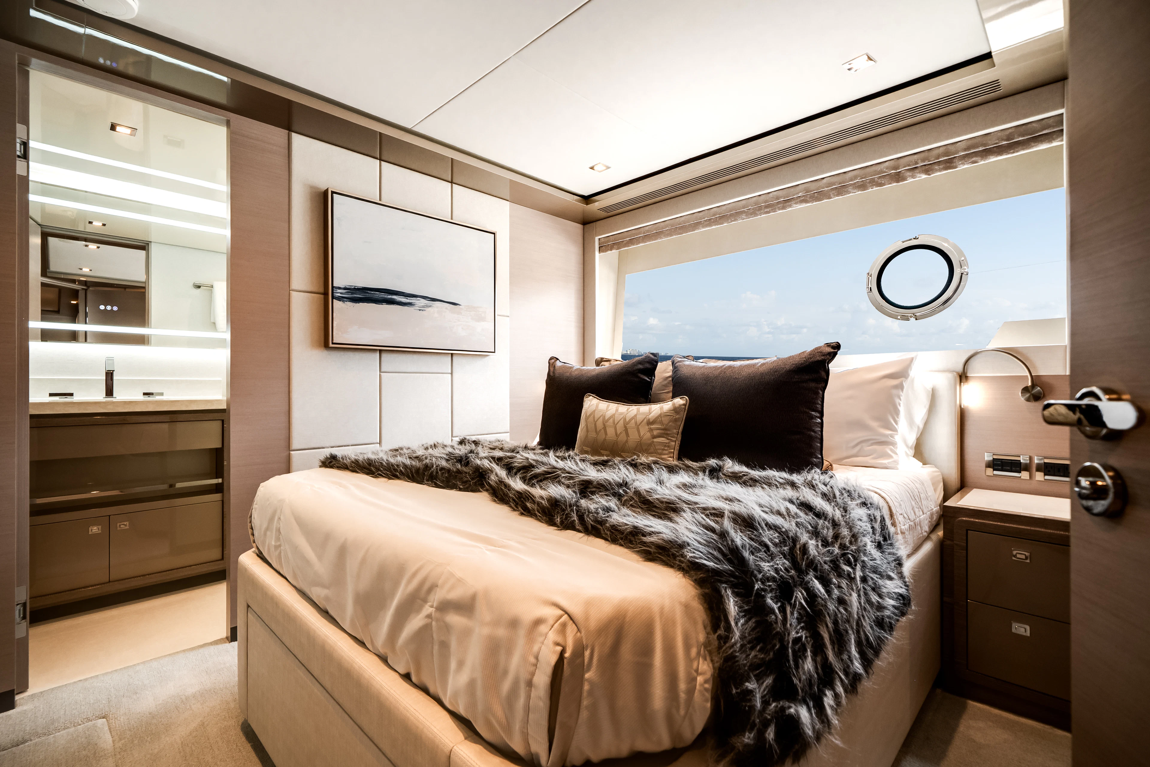 a bed in a room aboard JUST A VACATION Yacht for Sale