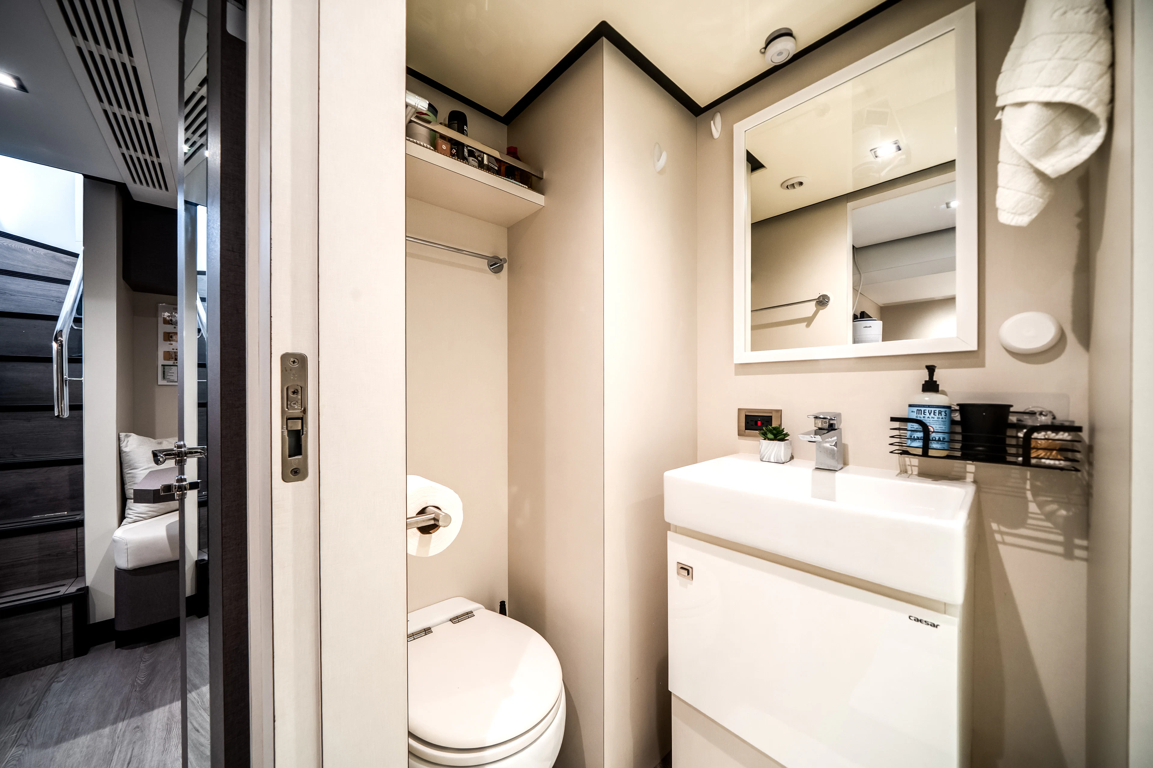 a bathroom with a sink and toilet aboard JUST A VACATION Yacht for Sale