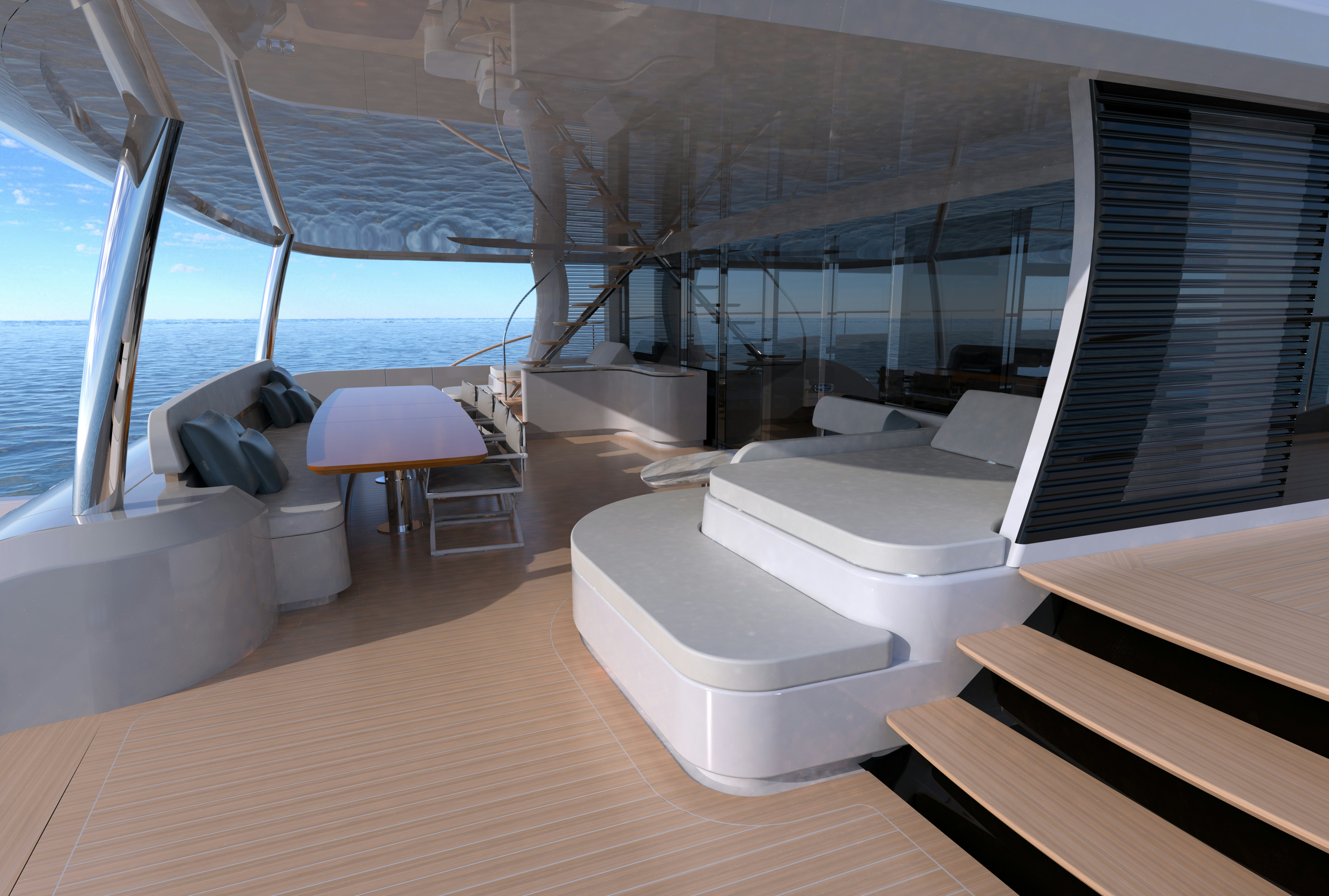 a large white lounge chair on a deck overlooking the ocean aboard HS 80 Yacht for Sale