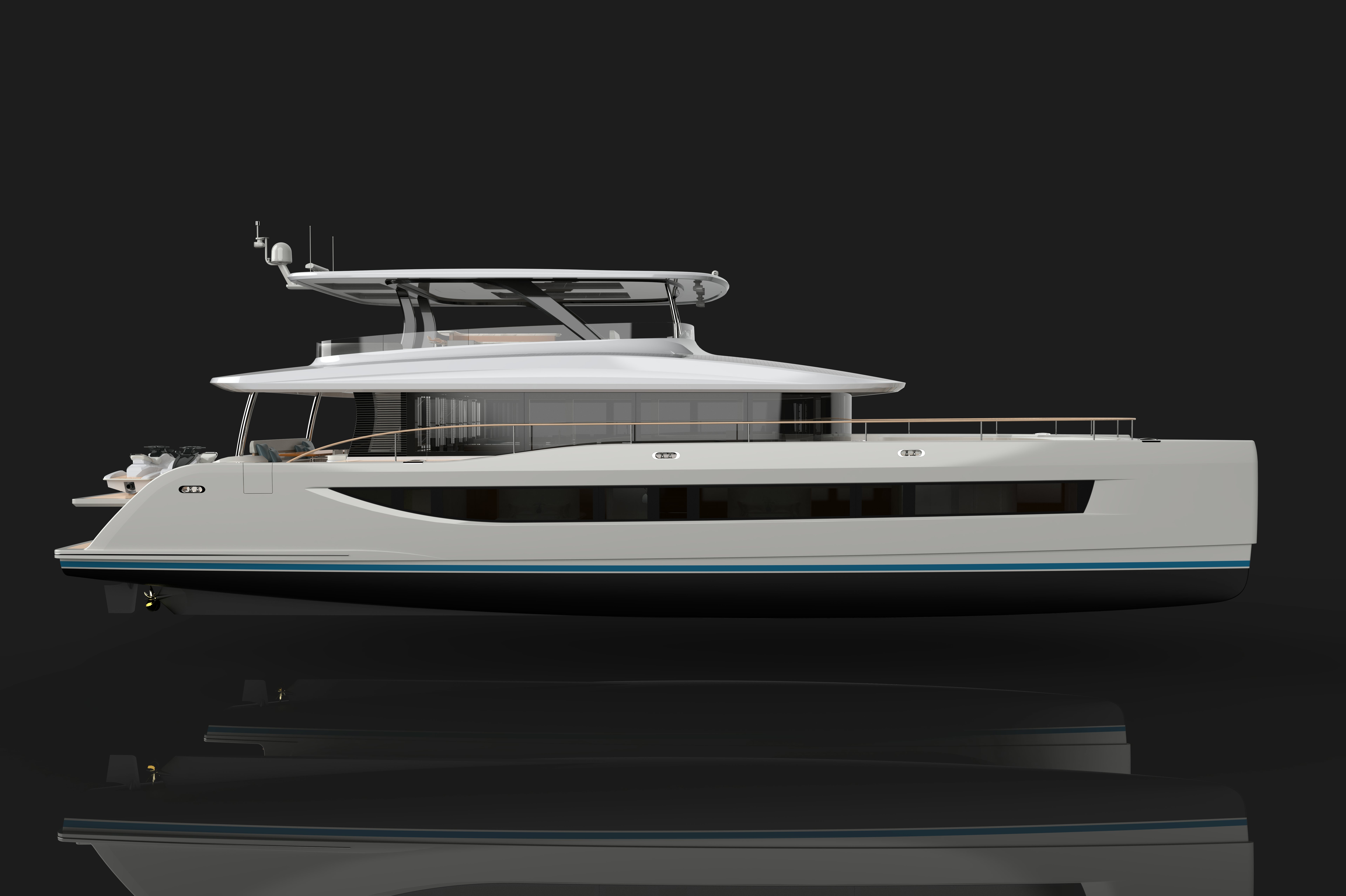 a white and blue boat aboard HS 80 Yacht for Sale