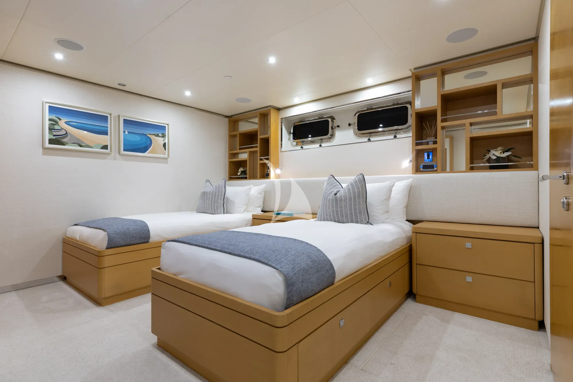 a room with a bed and a tv aboard LIMITED RISKS Yacht for Charter
