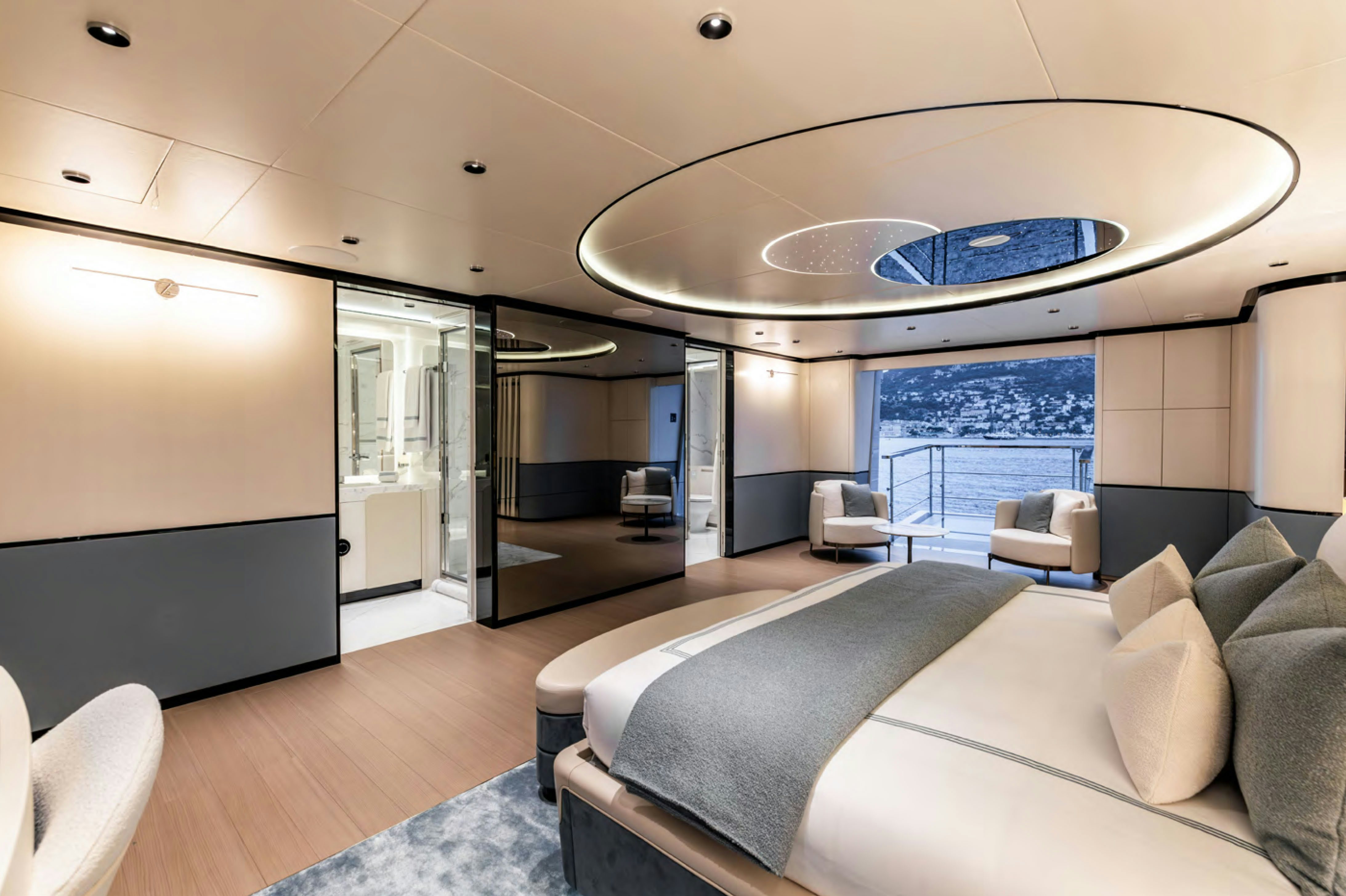 a modern looking living room with a large glass ceiling aboard FELICITA Yacht for Charter