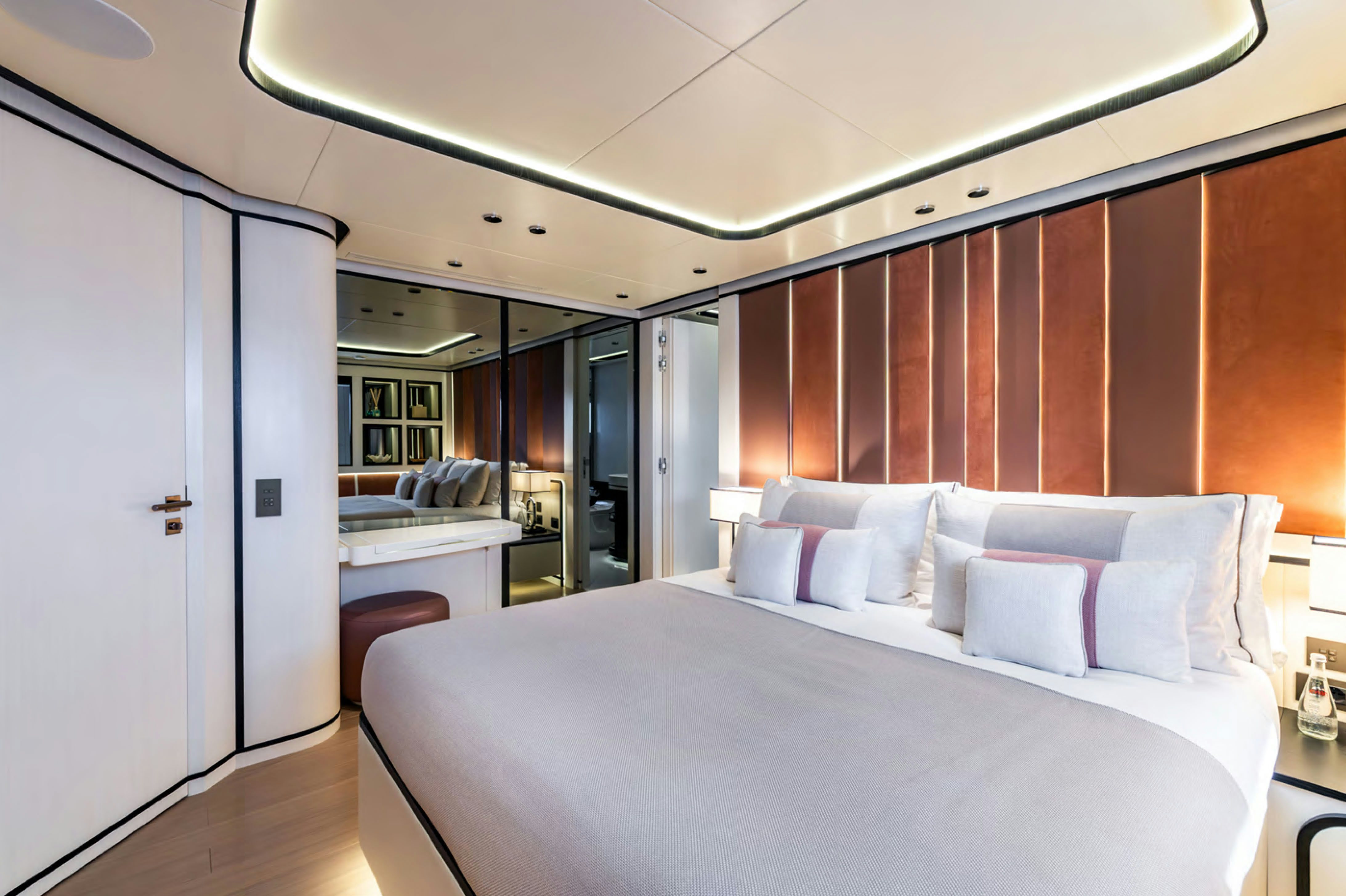 a large bed in a room aboard FELICITA Yacht for Charter