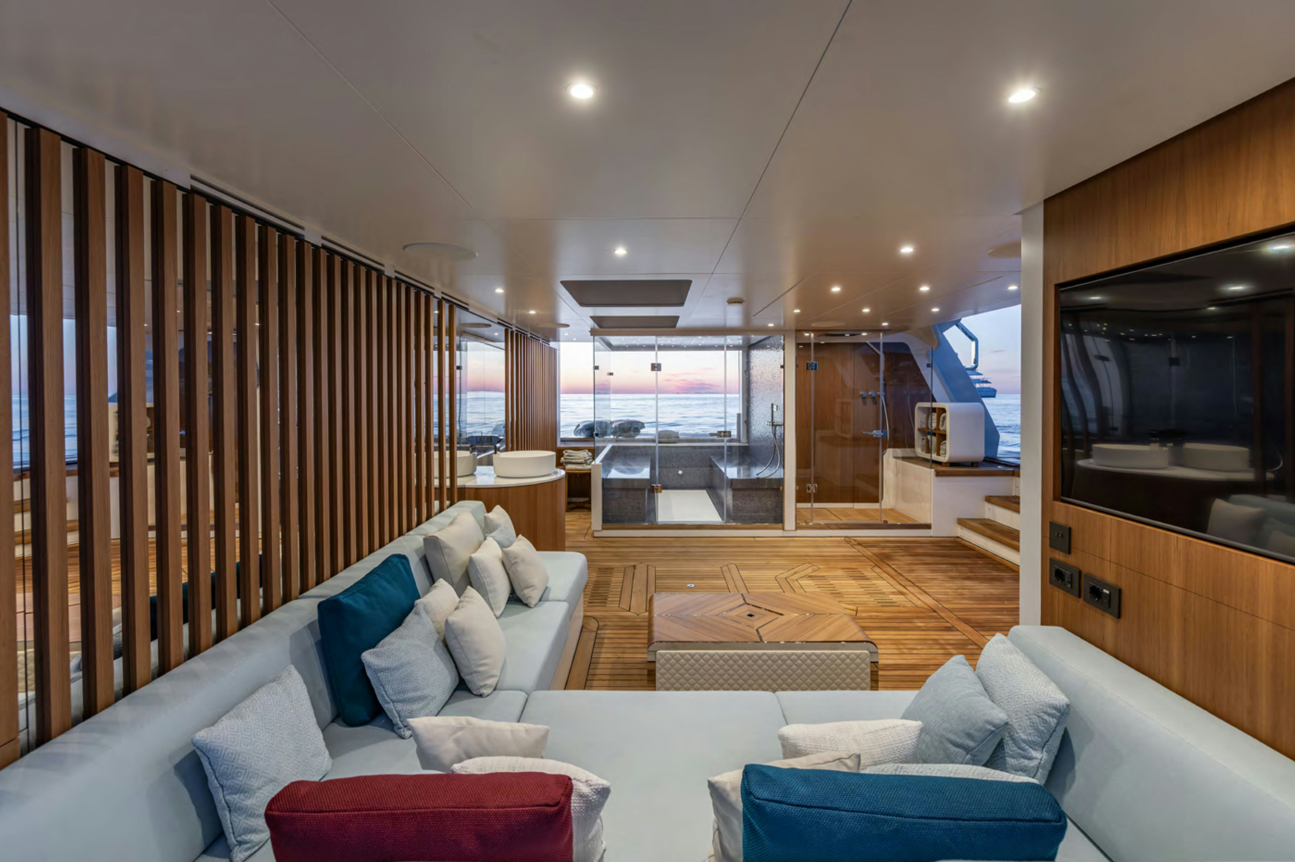 a living room with a large window aboard FELICITA Yacht for Charter