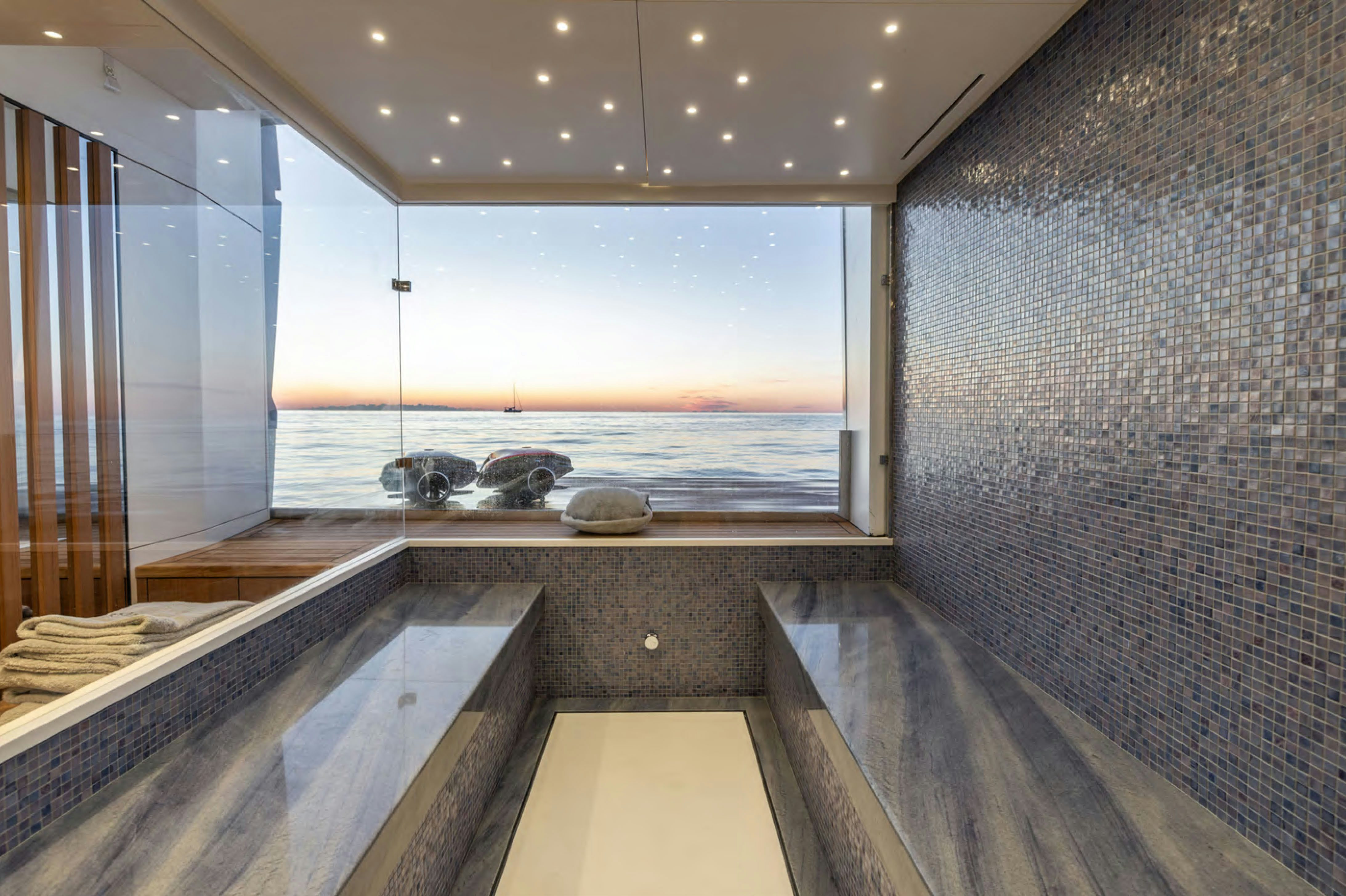 a large bathroom with a large window aboard FELICITA Yacht for Charter