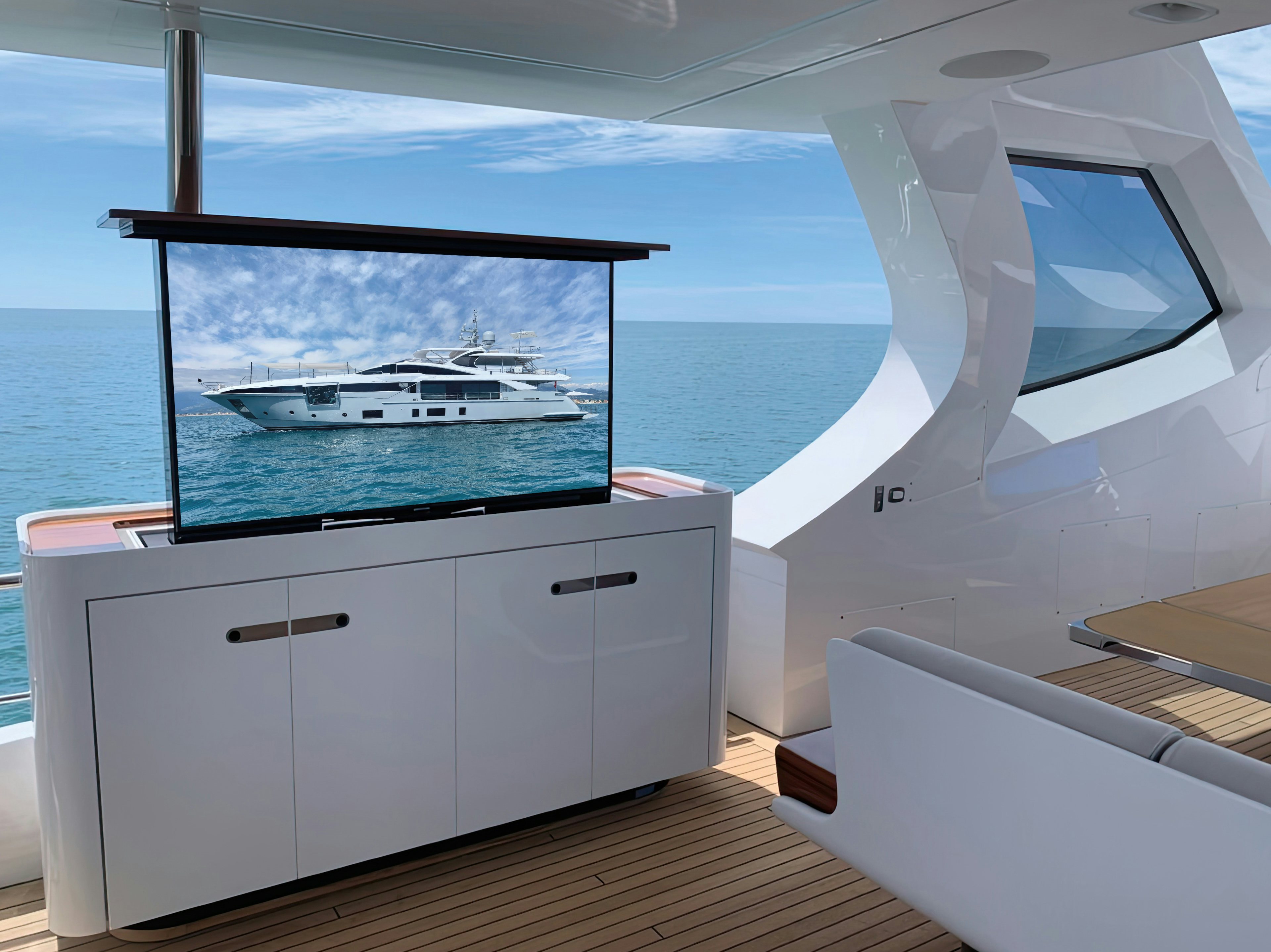 a room with a large window overlooking the ocean aboard AMICO Yacht for Sale