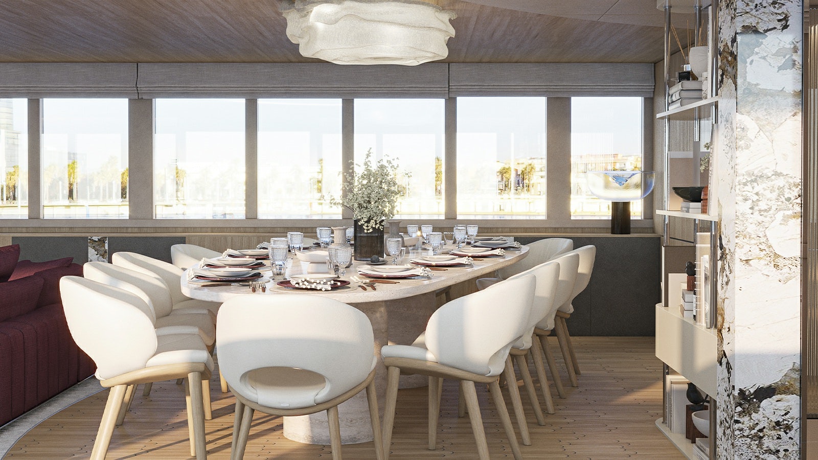 a dining table with white chairs aboard REPOSADO Yacht for Charter