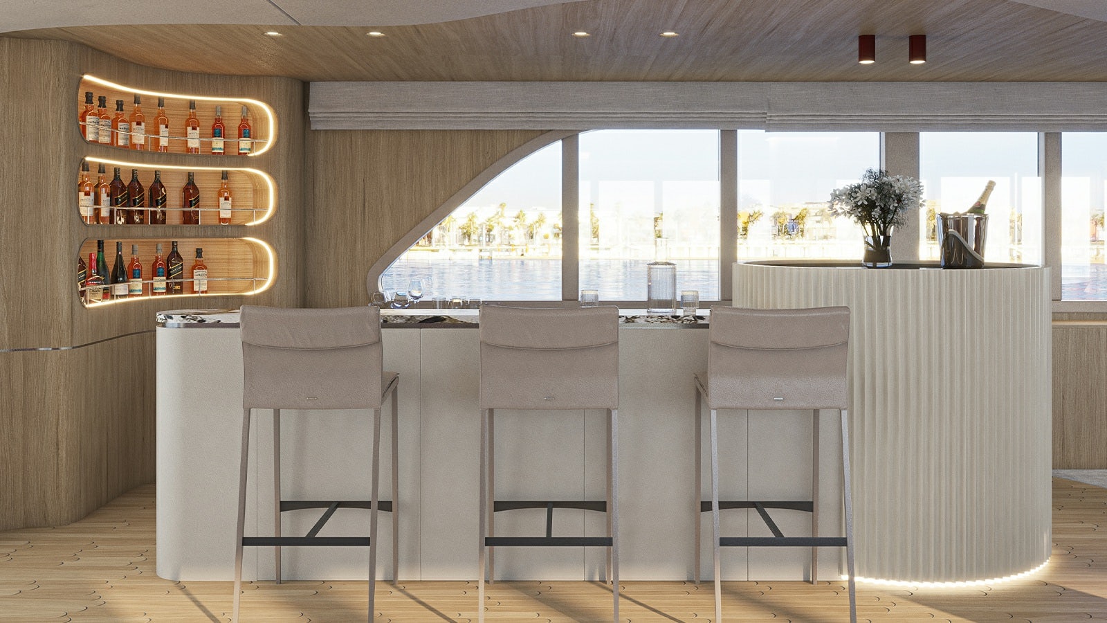 a room with a table chairs and shelves with bottles on shelves aboard REPOSADO Yacht for Charter