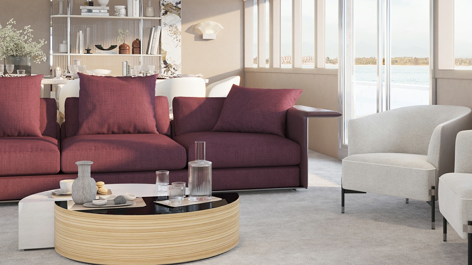 a living room with a couch and a table aboard REPOSADO Yacht for Charter