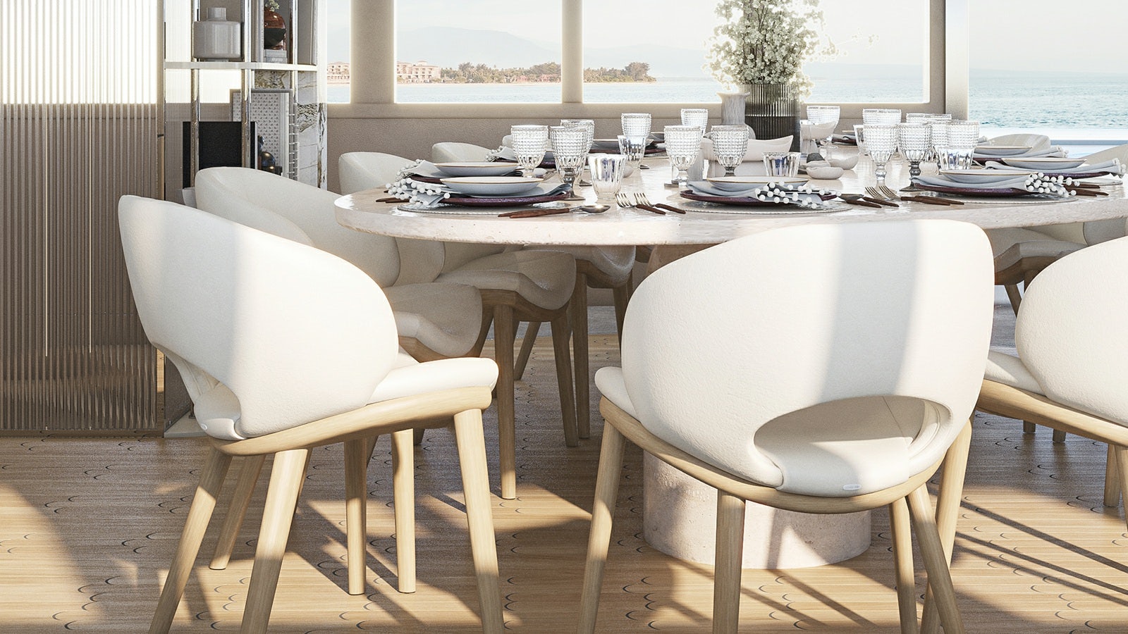 a table set with plates and glasses aboard REPOSADO Yacht for Charter