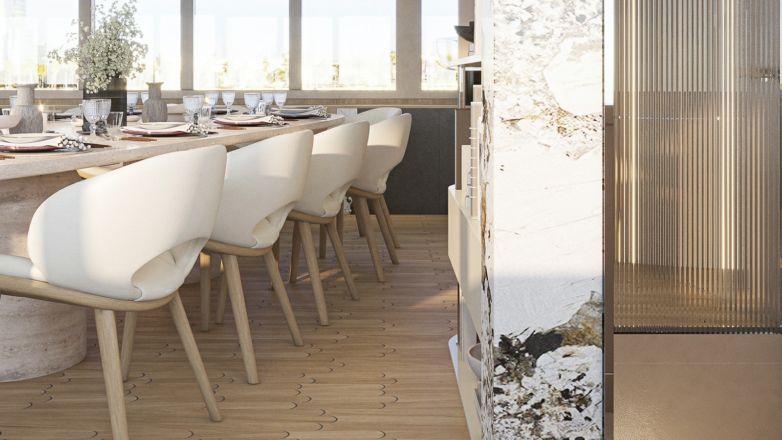 a table and chairs in a room aboard REPOSADO Yacht for Charter