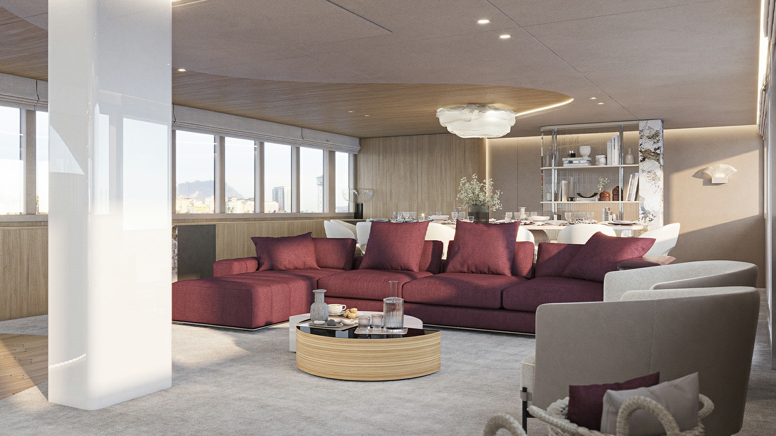a living room with a red couch aboard REPOSADO Yacht for Charter