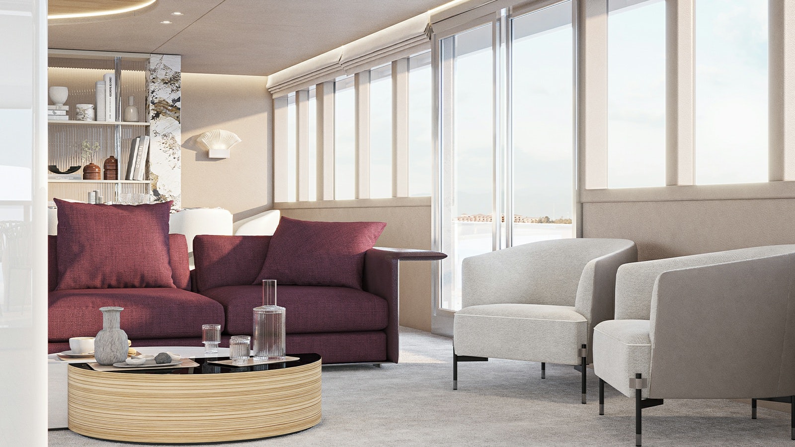 a living room with a couch and a table aboard REPOSADO Yacht for Charter